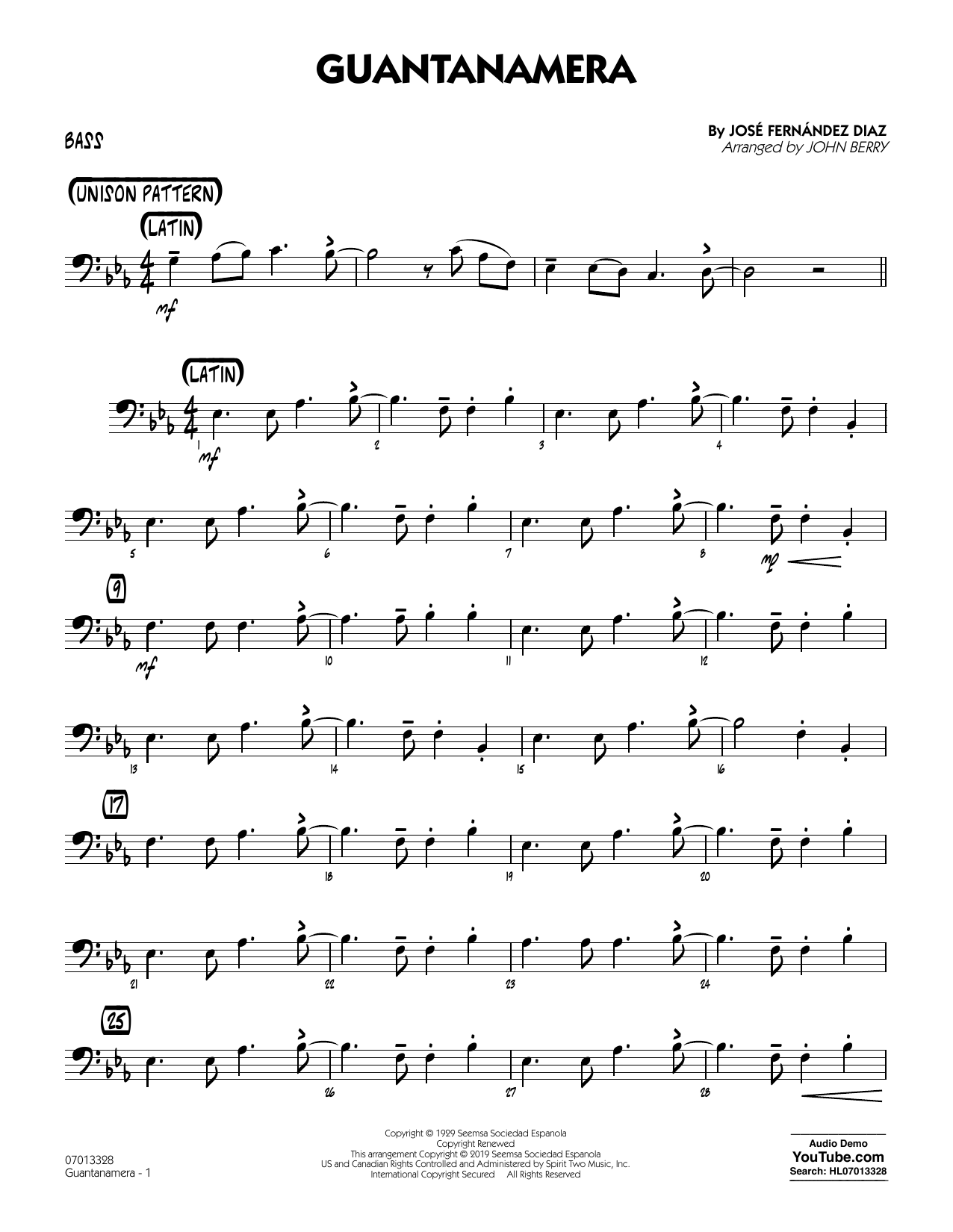 José Fernández Diaz Guantanamera (arr. John Berry) - Bass Sheet Music Notes & Chords for Jazz Ensemble - Download or Print PDF