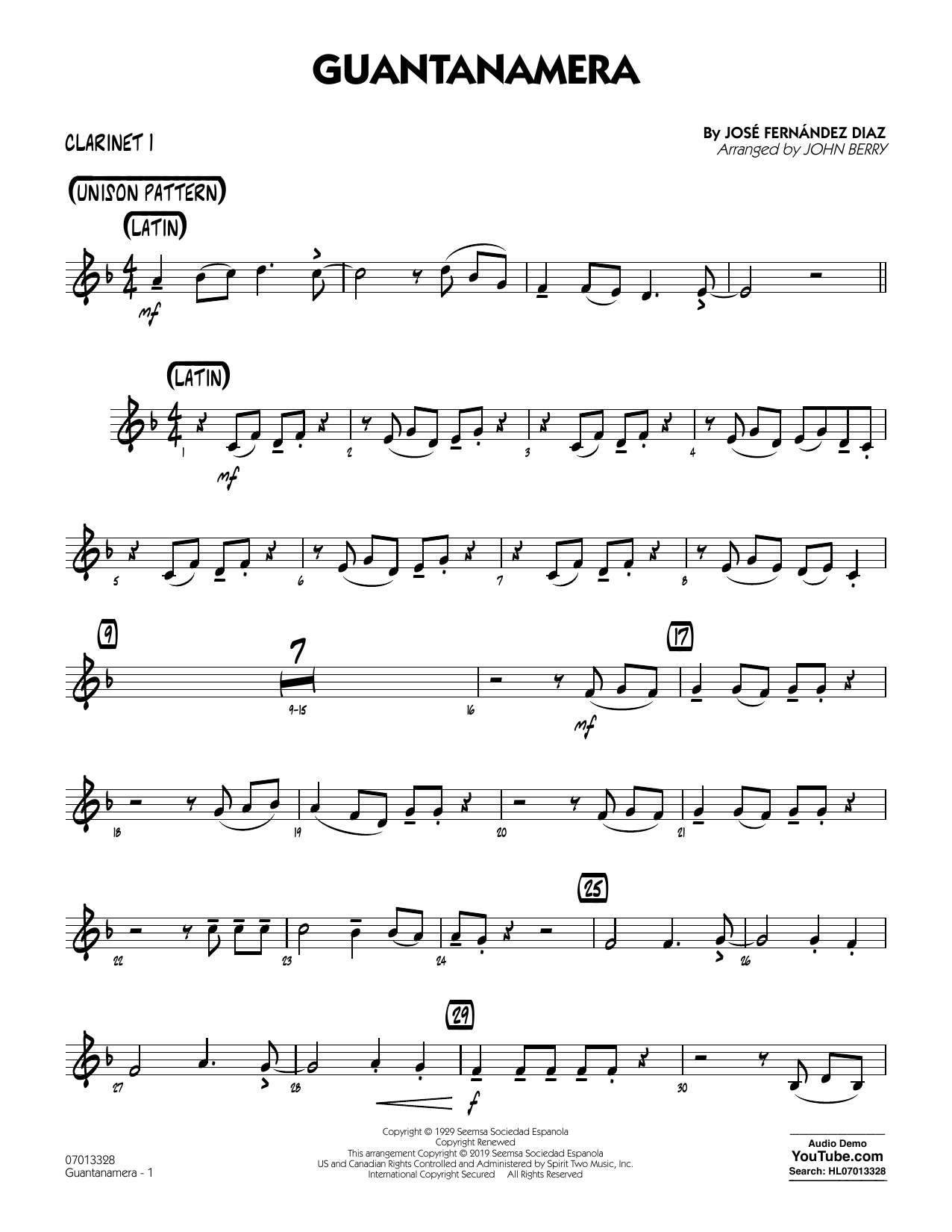 José Fernández Diaz Guantanamera (arr. John Berry) - Bb Clarinet 1 Sheet Music Notes & Chords for Jazz Ensemble - Download or Print PDF