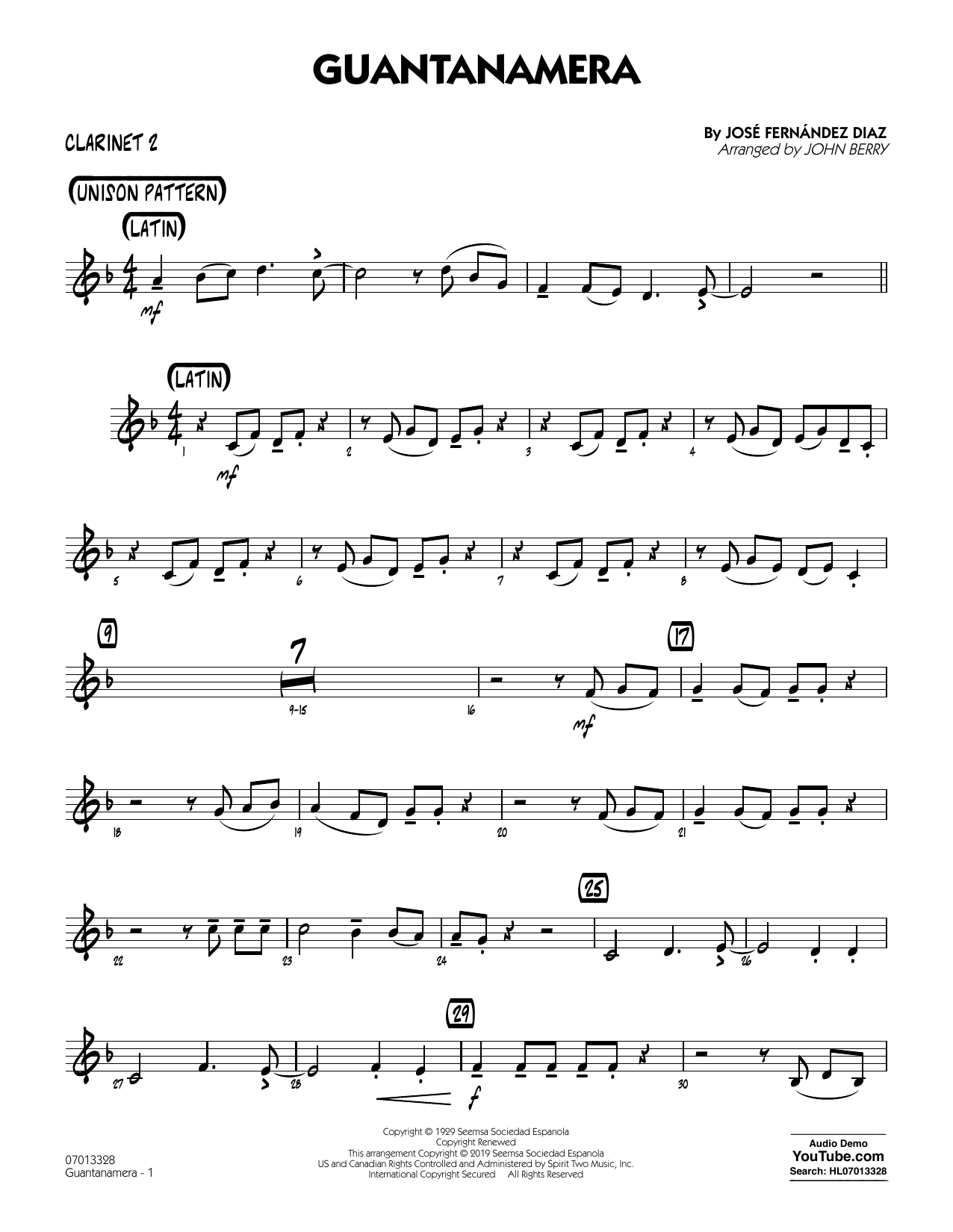 José Fernández Diaz Guantanamera (arr. John Berry) - Bb Clarinet 2 Sheet Music Notes & Chords for Jazz Ensemble - Download or Print PDF