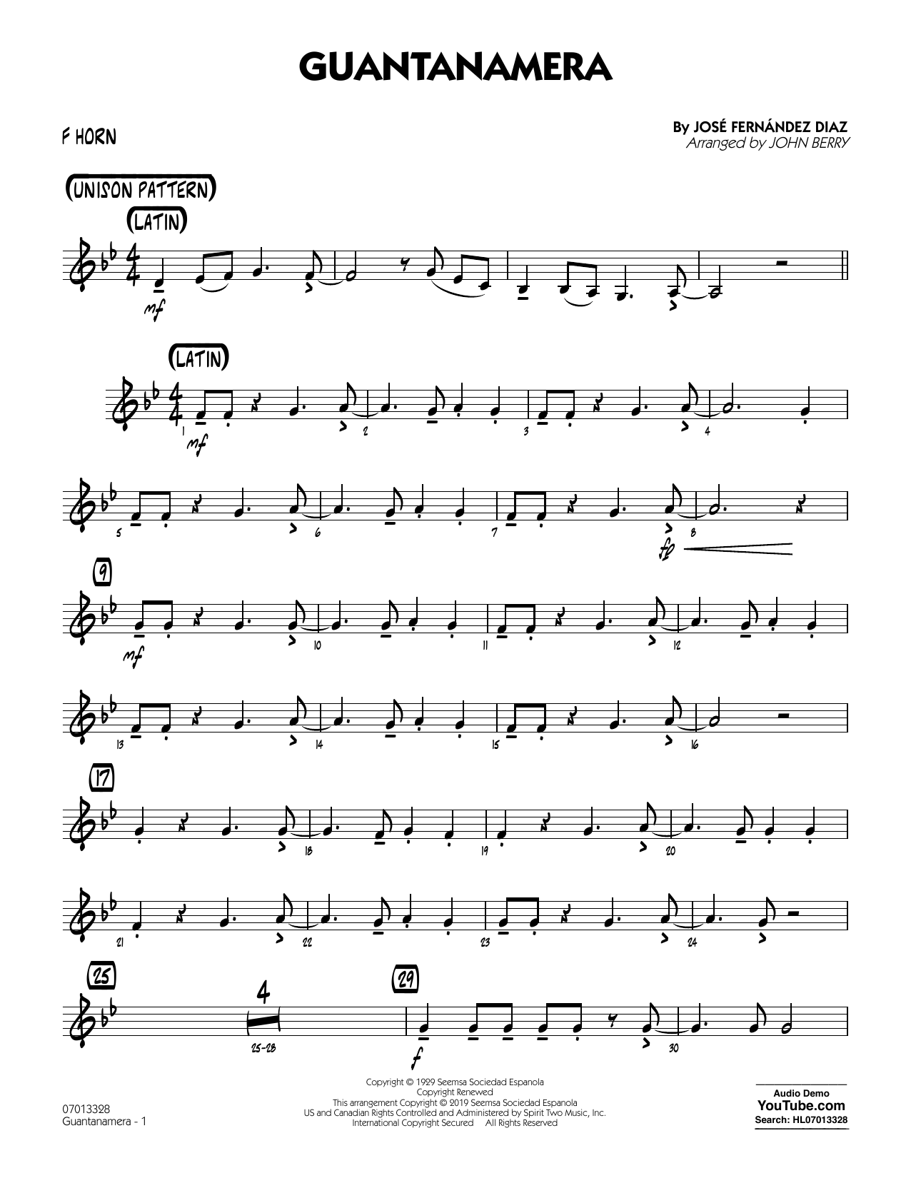 José Fernández Diaz Guantanamera (arr. John Berry) - F Horn Sheet Music Notes & Chords for Jazz Ensemble - Download or Print PDF