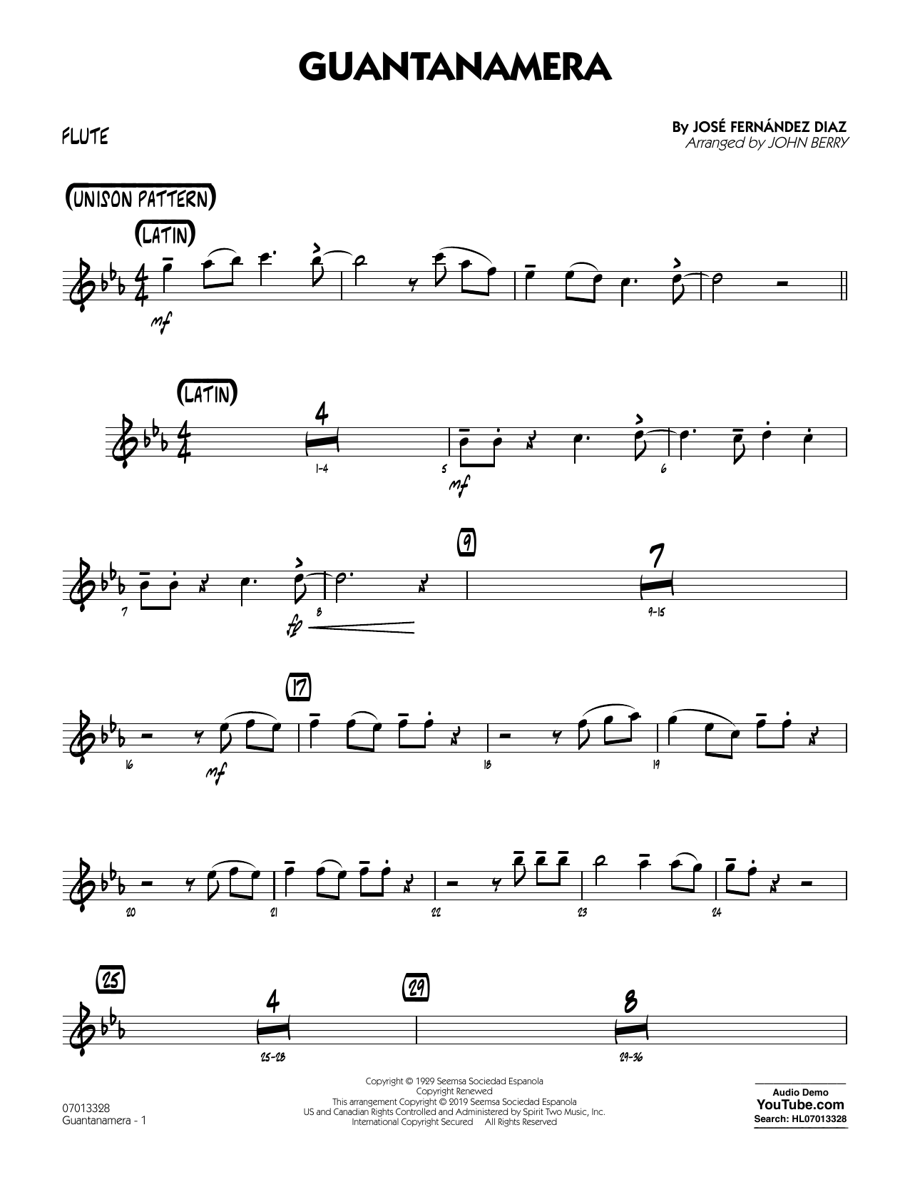 José Fernández Diaz Guantanamera (arr. John Berry) - Flute Sheet Music Notes & Chords for Jazz Ensemble - Download or Print PDF
