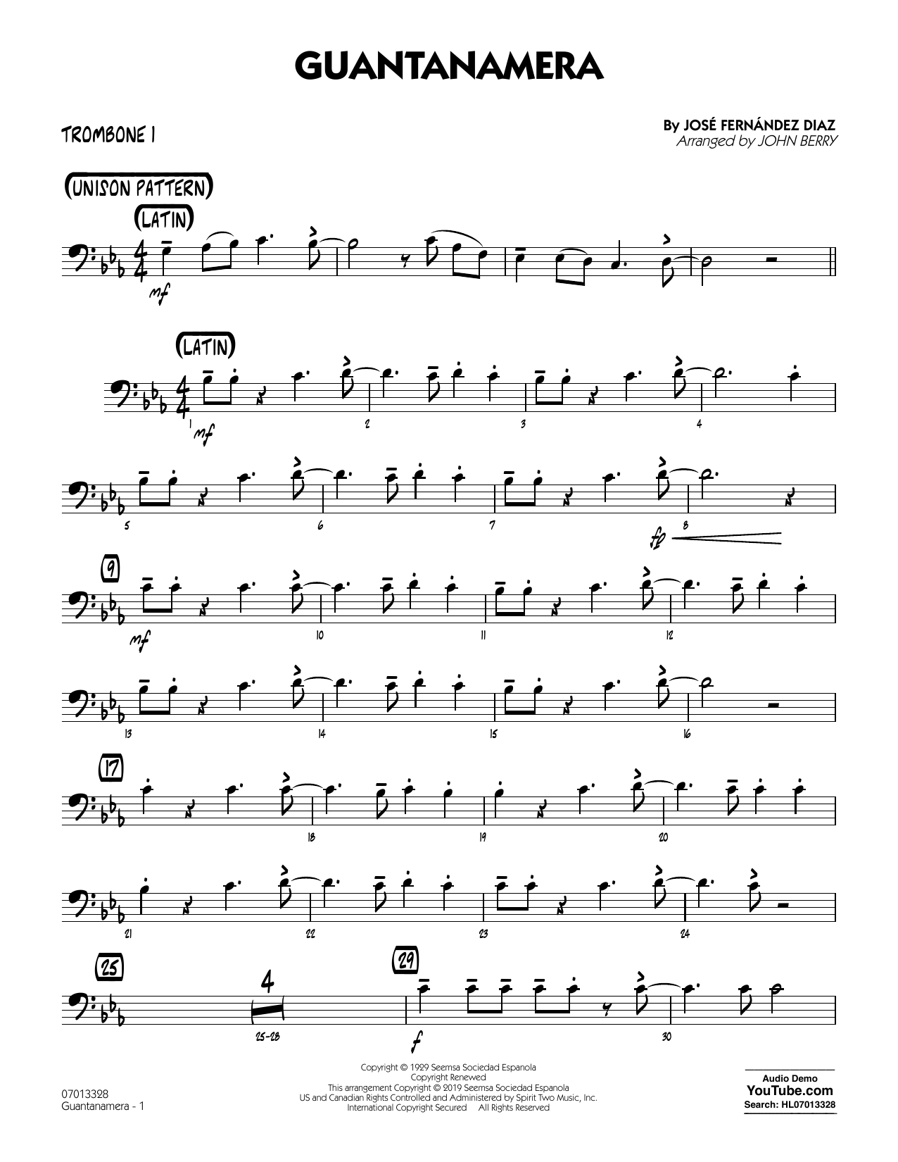 José Fernández Diaz Guantanamera (arr. John Berry) - Trombone 1 Sheet Music Notes & Chords for Jazz Ensemble - Download or Print PDF