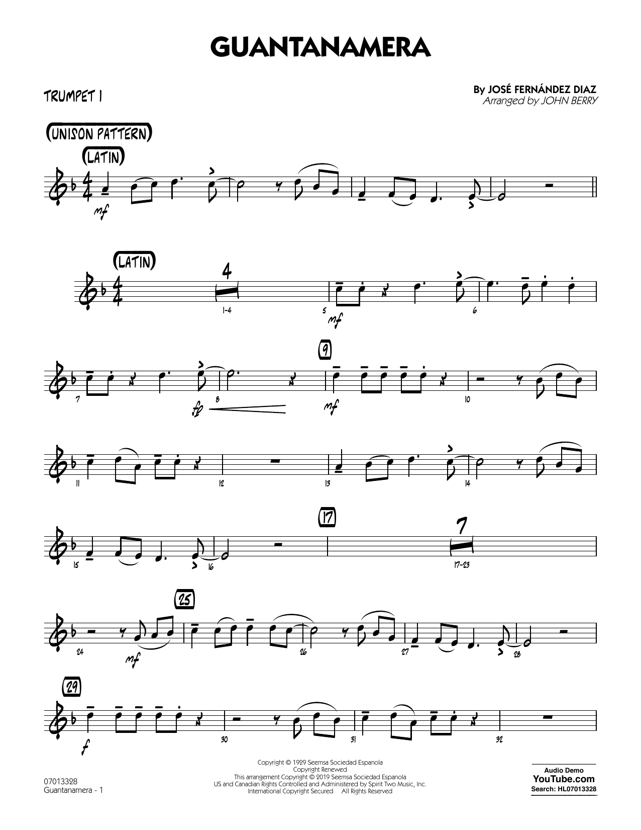 José Fernández Diaz Guantanamera (arr. John Berry) - Trumpet 1 Sheet Music Notes & Chords for Jazz Ensemble - Download or Print PDF
