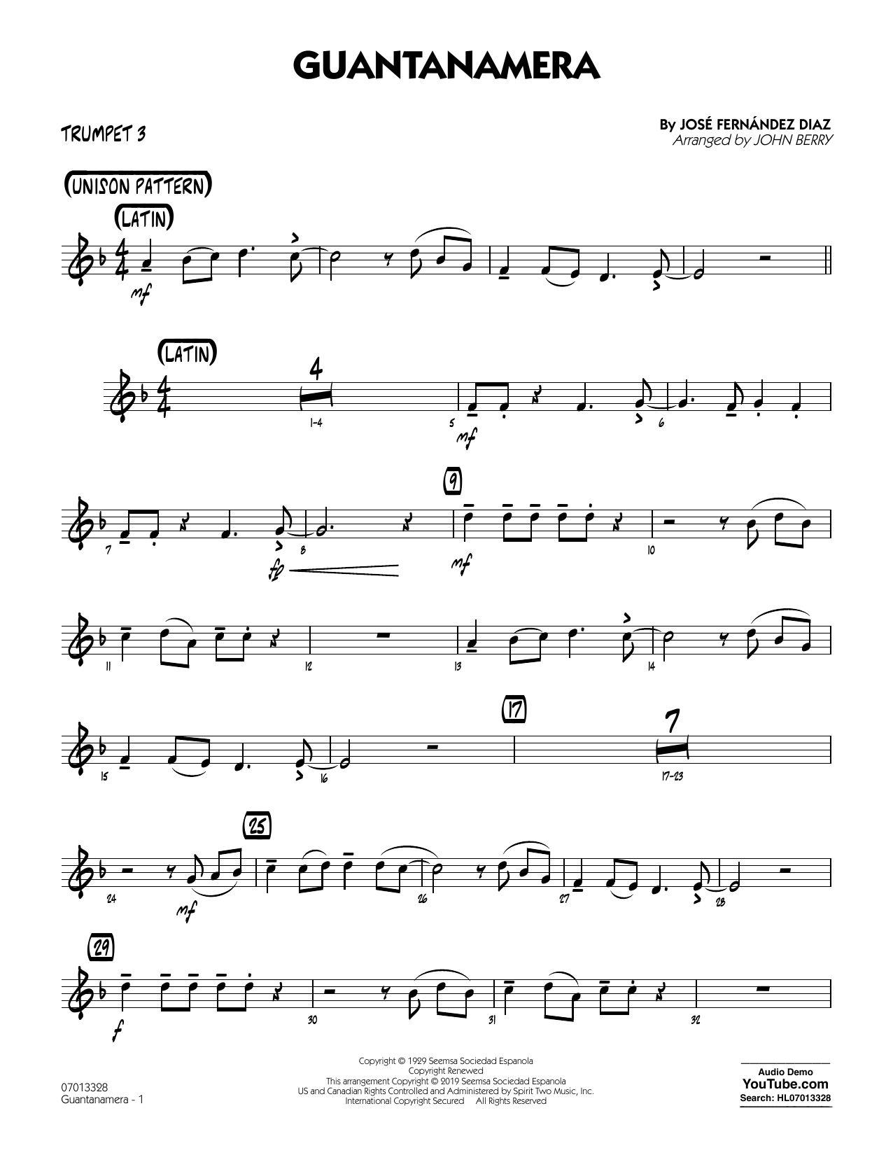 José Fernández Diaz Guantanamera (arr. John Berry) - Trumpet 3 Sheet Music Notes & Chords for Jazz Ensemble - Download or Print PDF