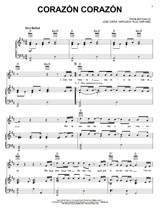 Jose Maria Napoleon Ruiz Narvaez Corazon Corazon Sheet Music Notes & Chords for Piano, Vocal & Guitar (Right-Hand Melody) - Download or Print PDF