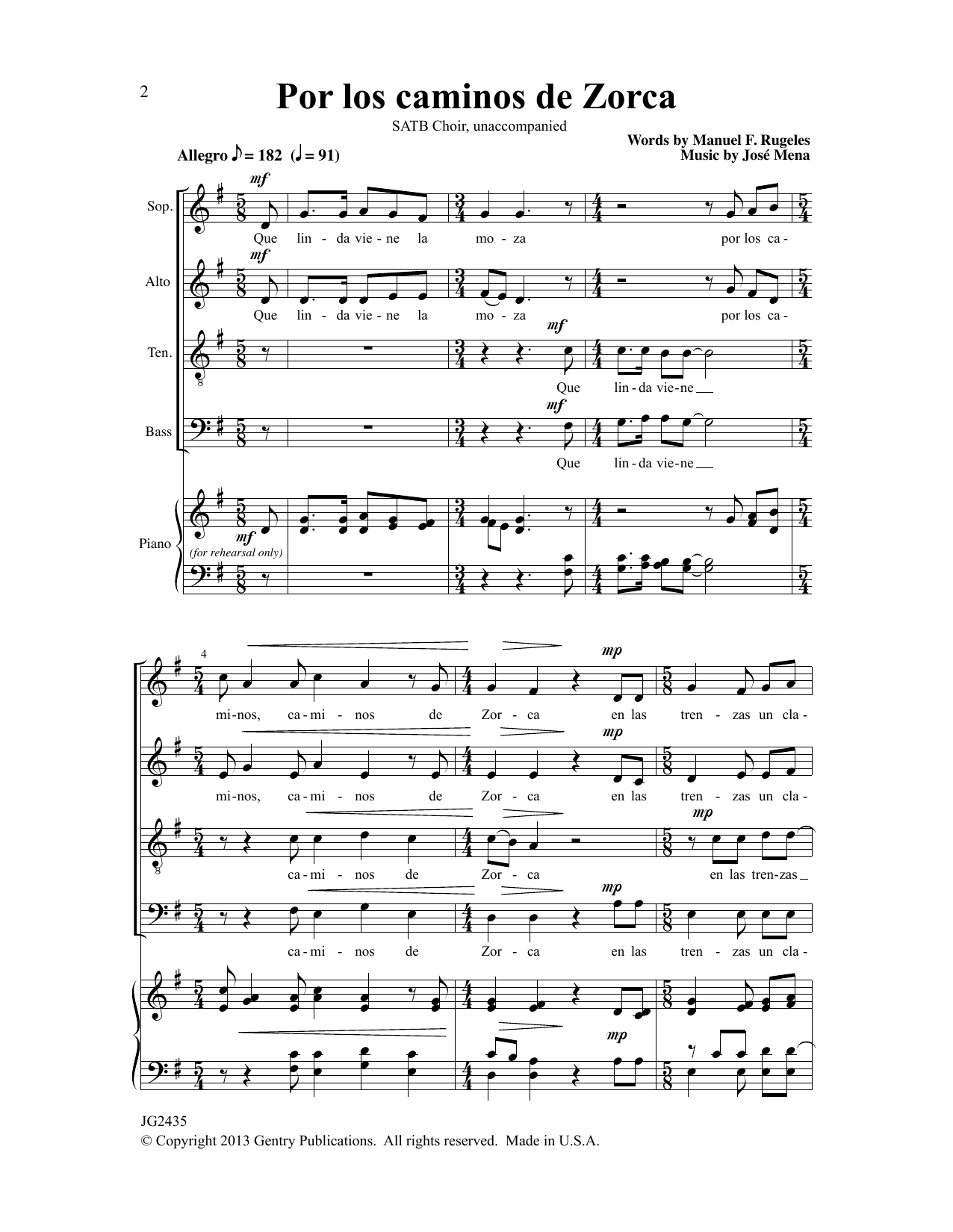 Jose Mena Por Los Caminos De Zorca Sheet Music Notes & Chords for SATB Choir - Download or Print PDF