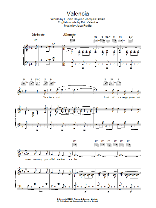 Jose Padilla Valencia Sheet Music Notes & Chords for Piano, Vocal & Guitar (Right-Hand Melody) - Download or Print PDF