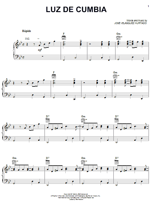 Jose Velasquez Hurtado Luz De Cumbia Sheet Music Notes & Chords for Piano, Vocal & Guitar (Right-Hand Melody) - Download or Print PDF