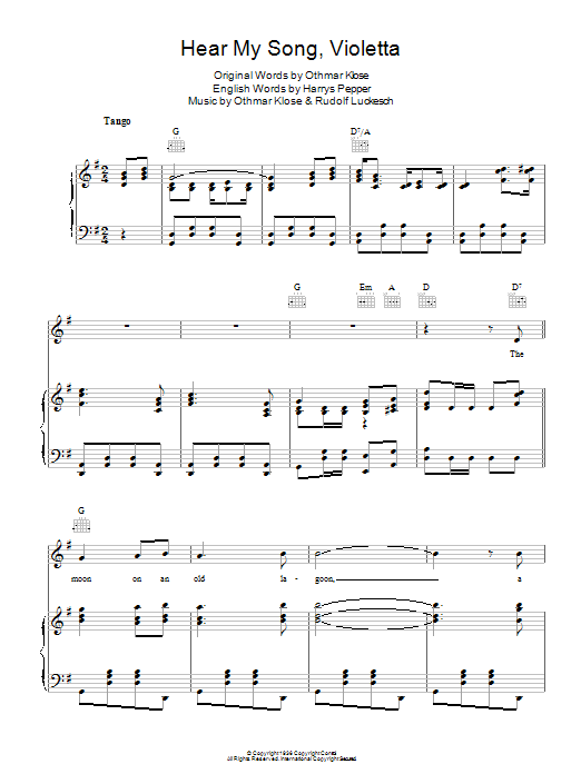 Josef Locke Hear My Song, Violetta Sheet Music Notes & Chords for Piano, Vocal & Guitar (Right-Hand Melody) - Download or Print PDF