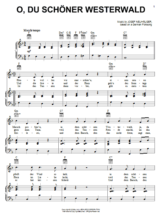 Josef Neuhauser O, Du Schoner Westerwald Sheet Music Notes & Chords for Piano, Vocal & Guitar (Right-Hand Melody) - Download or Print PDF