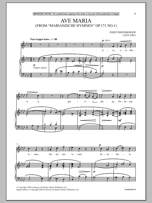 Josef Rheinberger Ave Maria, Op.171, No.1 (from Marianische Hymnen) Sheet Music Notes & Chords for Piano & Vocal - Download or Print PDF