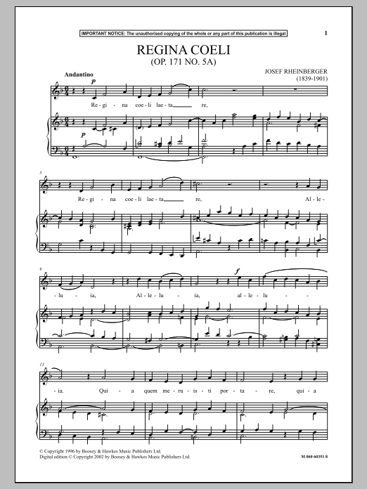 Josef Rheinberger Regina Coeli, Op. 171, No. 5 Sheet Music Notes & Chords for Piano & Vocal - Download or Print PDF Josef Rheinberger Regina Coeli, Op. 171, No. 5 Sheet Music Notes & Chords for Piano & Vocal - Download or Print PDF
