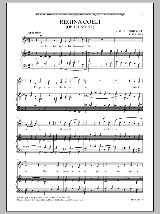 Josef Rheinberger Regina Coeli, Op. 171, No. 5 Sheet Music Notes & Chords for Piano & Vocal - Download or Print PDF