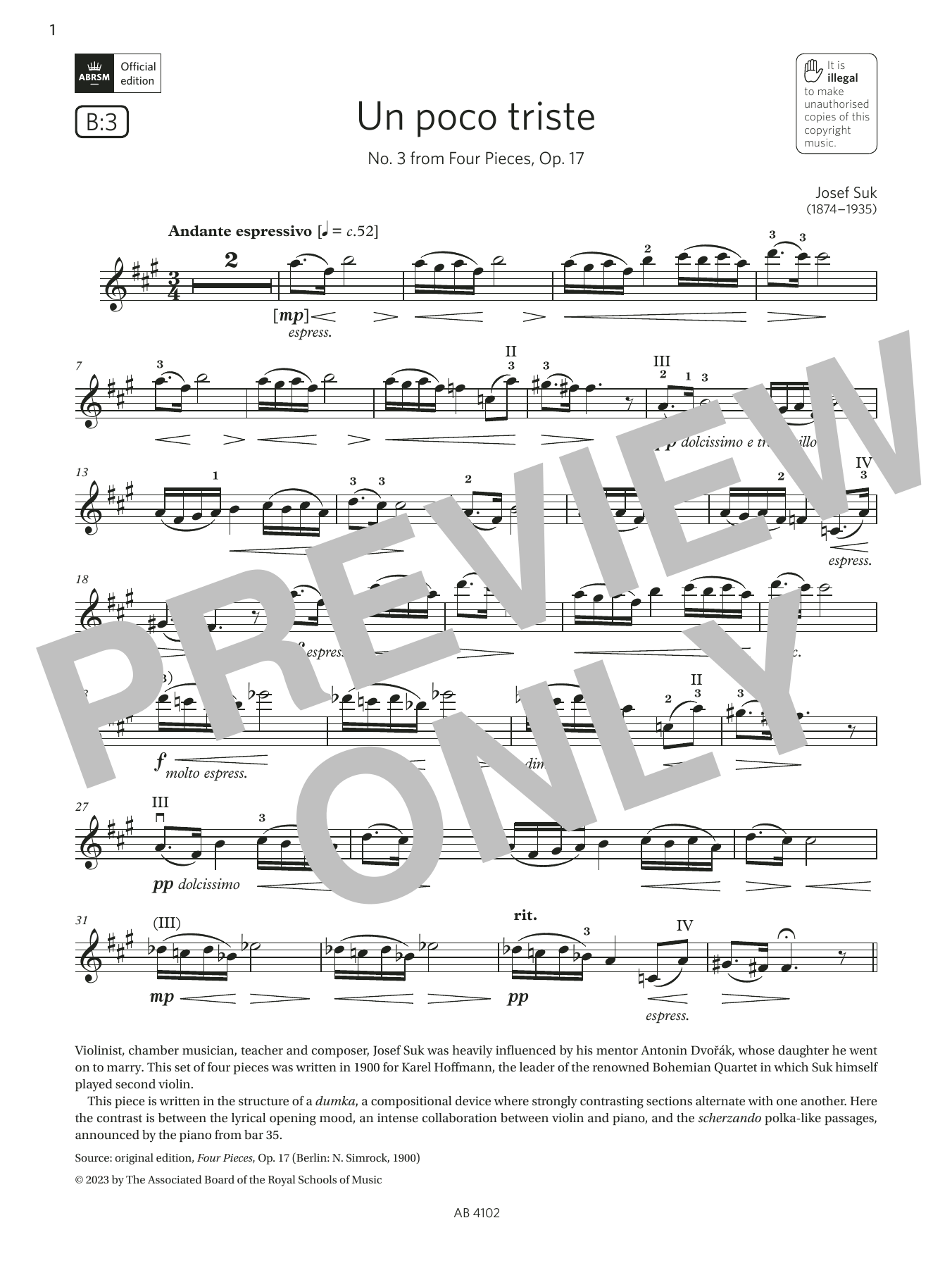Josef Suk Un poco triste (Grade 8, B3, from the ABRSM Violin Syllabus from 2024) Sheet Music Notes & Chords for Violin Solo - Download or Print PDF