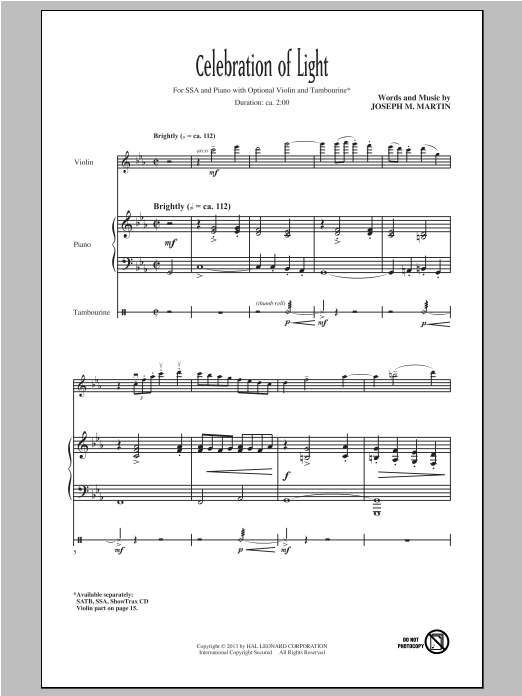 Joseph M. Martin Celebration Of Light Sheet Music Notes & Chords for SSA - Download or Print PDF