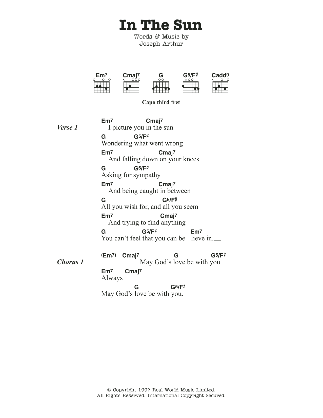 Joseph Arthur In The Sun Sheet Music Notes & Chords for Lyrics & Chords - Download or Print PDF