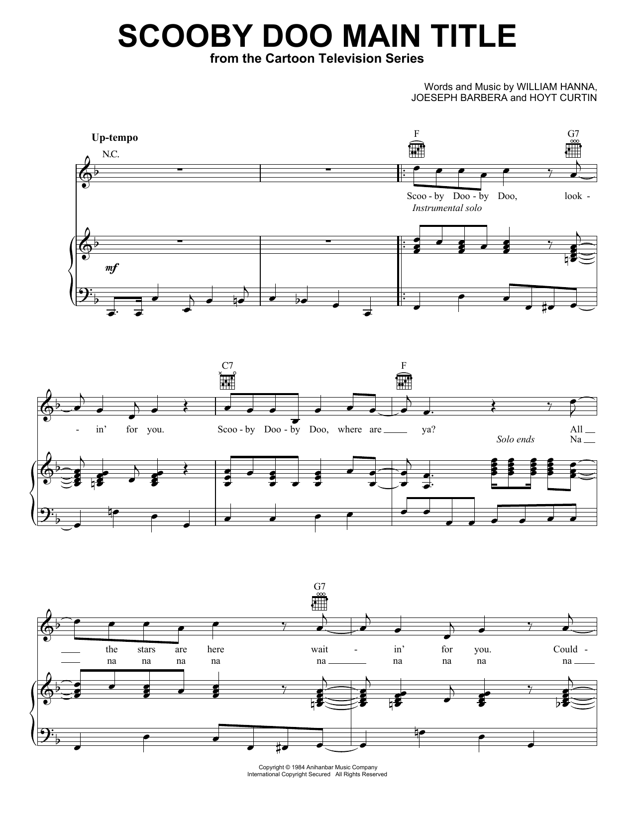 Joseph Barbera Scooby Doo Main Title Sheet Music Notes & Chords for Piano, Vocal & Guitar Chords (Right-Hand Melody) - Download or Print PDF