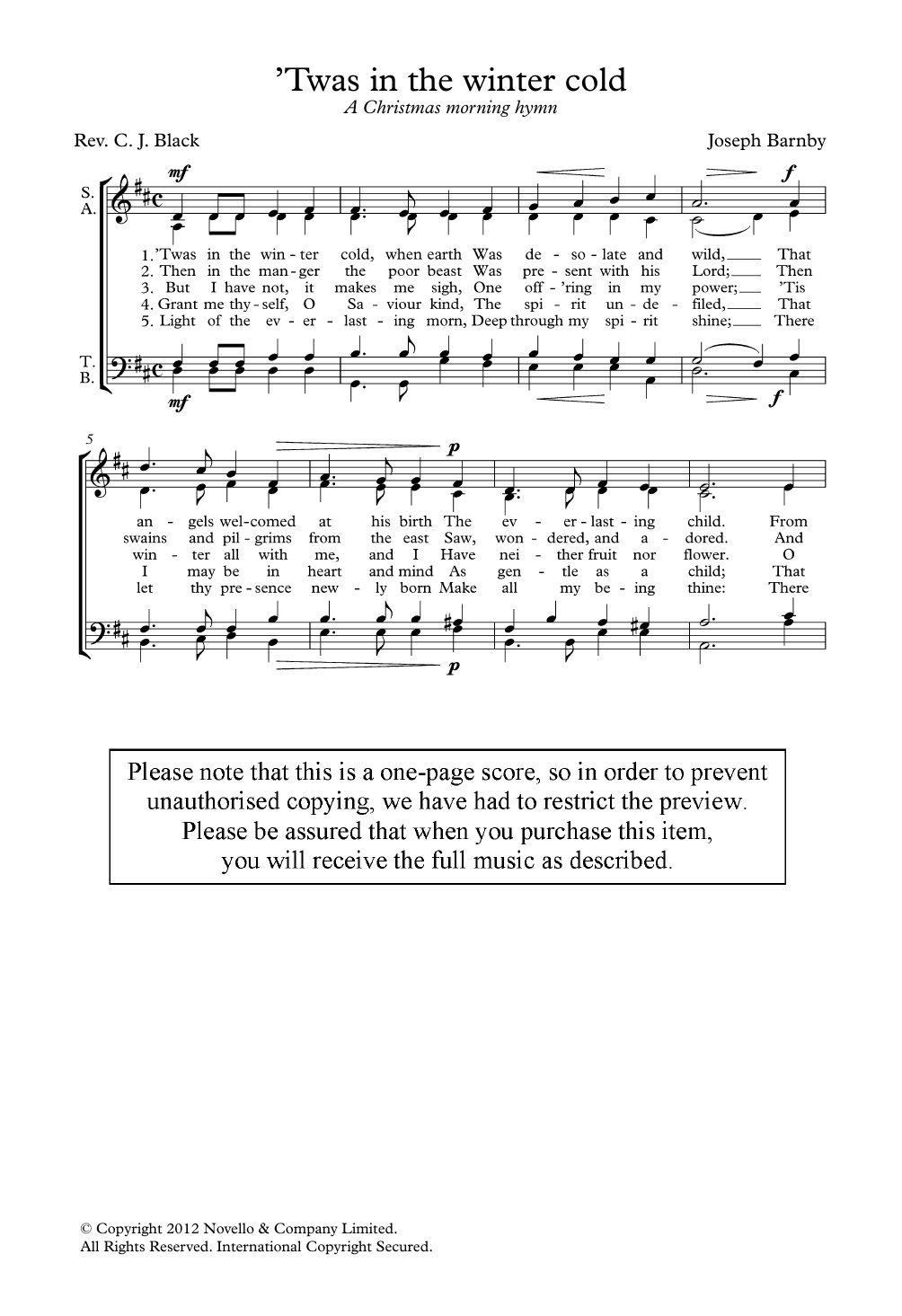 Joseph Barnby 'Twas In The Winter Cold Sheet Music Notes & Chords for Choir - Download or Print PDF