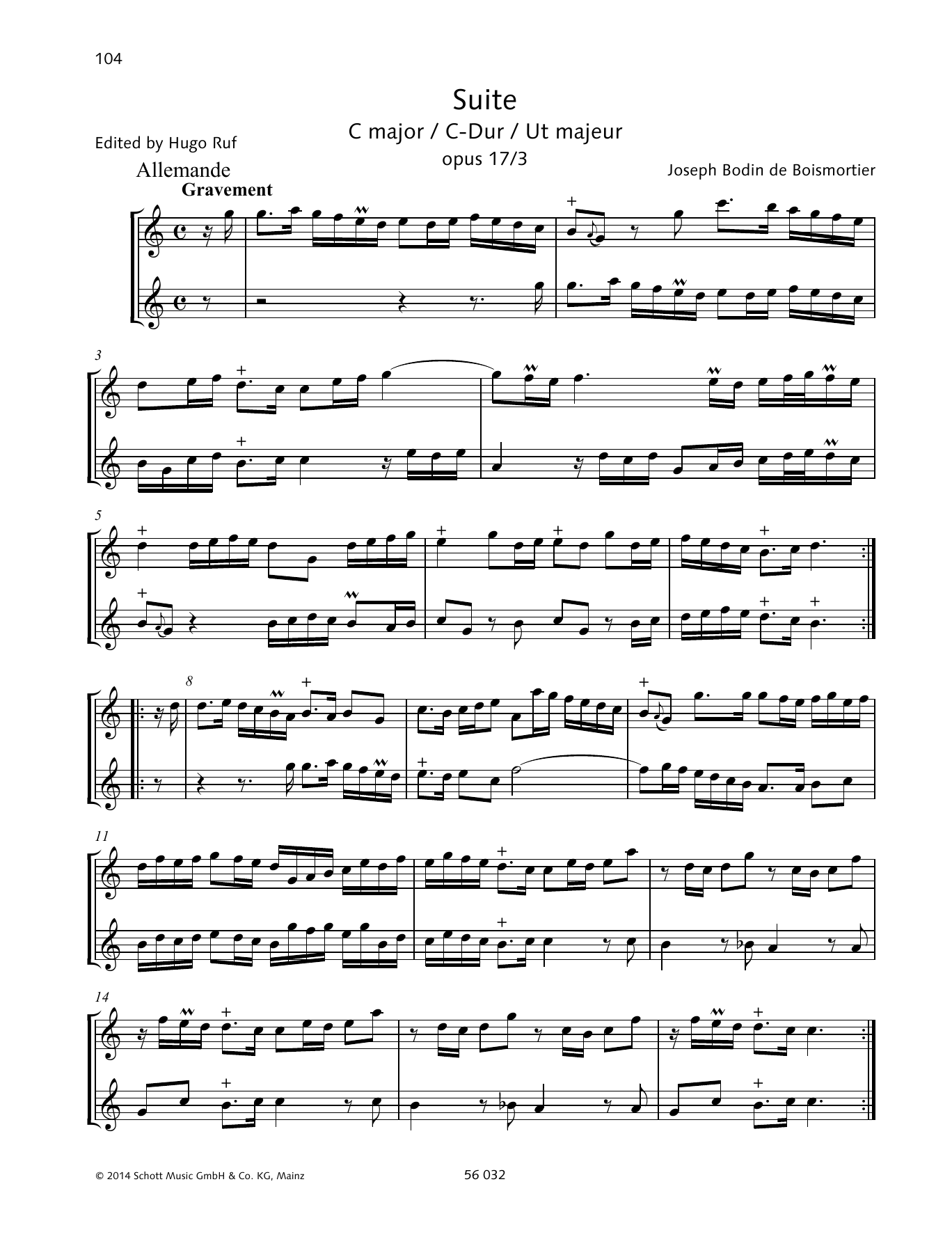 Joseph Bodin De Boismortier Suite C Major Sheet Music Notes & Chords for Woodwind Ensemble - Download or Print PDF