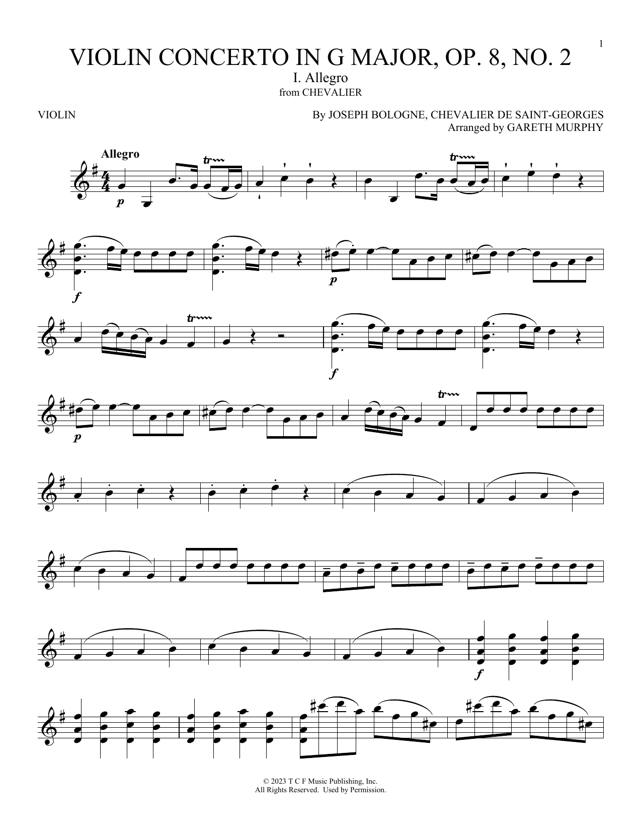 Joseph Bologne (Chevalier de Saint-Georges) Violin Concerto In G Major, Op. 8 No. 2: 1: Allegro (from Chevalier) Sheet Music Notes & Chords for Violin Solo - Download or Print PDF