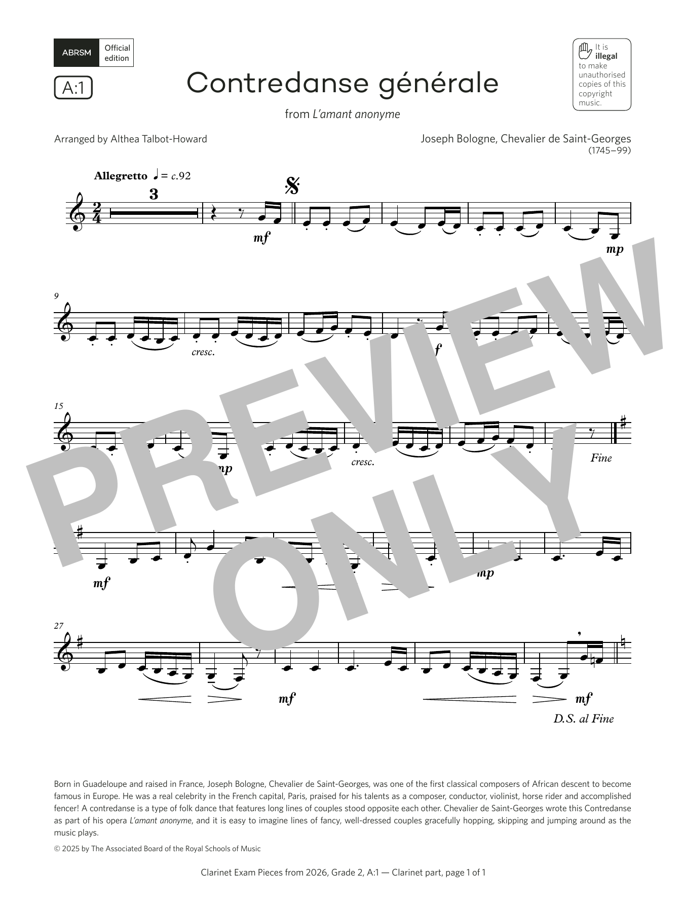 Joseph Bologne Contredanse générale (Grade 2, list A1, from the ABRSM Clarinet Syllabus from 2026) Sheet Music Notes & Chords for Clarinet Solo - Download or Print PDF