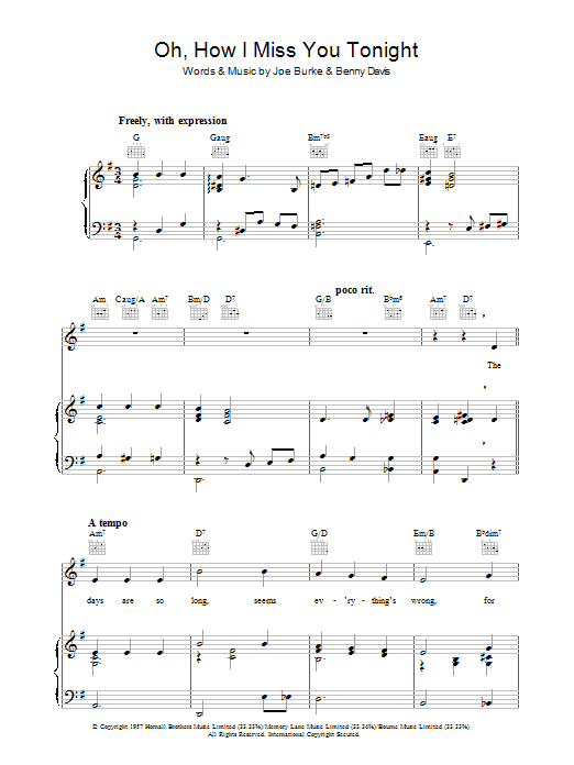 Joseph Burke Oh How I Miss You Tonight Sheet Music Notes & Chords for Piano, Vocal & Guitar (Right-Hand Melody) - Download or Print PDF