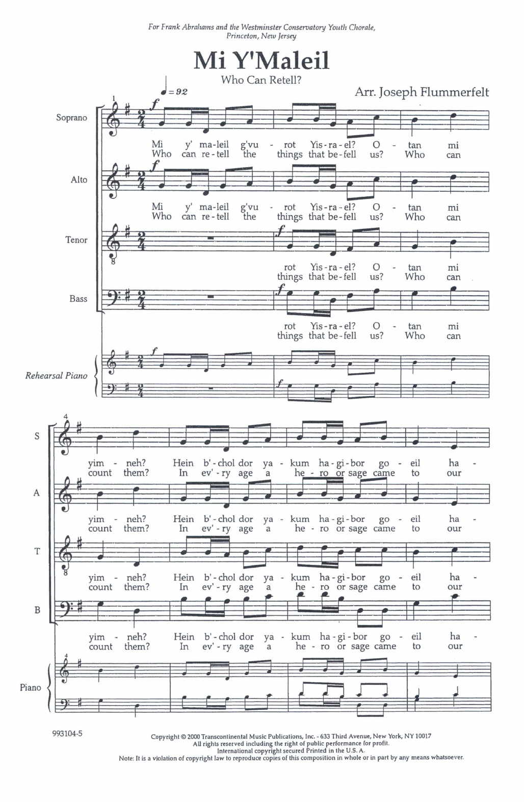 Joseph Flummerfelt Mi Y'maleil (Who Can Retell?) Sheet Music Notes & Chords for SATB Choir - Download or Print PDF