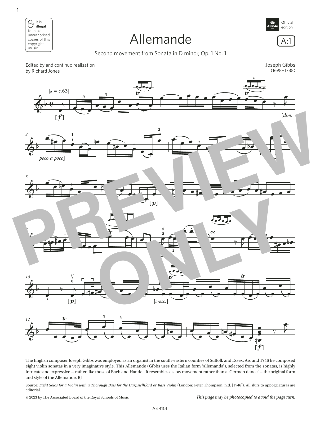 Joseph Gibbs Allemande (Grade 7, A1, from the ABRSM Violin Syllabus from 2024) Sheet Music Notes & Chords for Violin Solo - Download or Print PDF