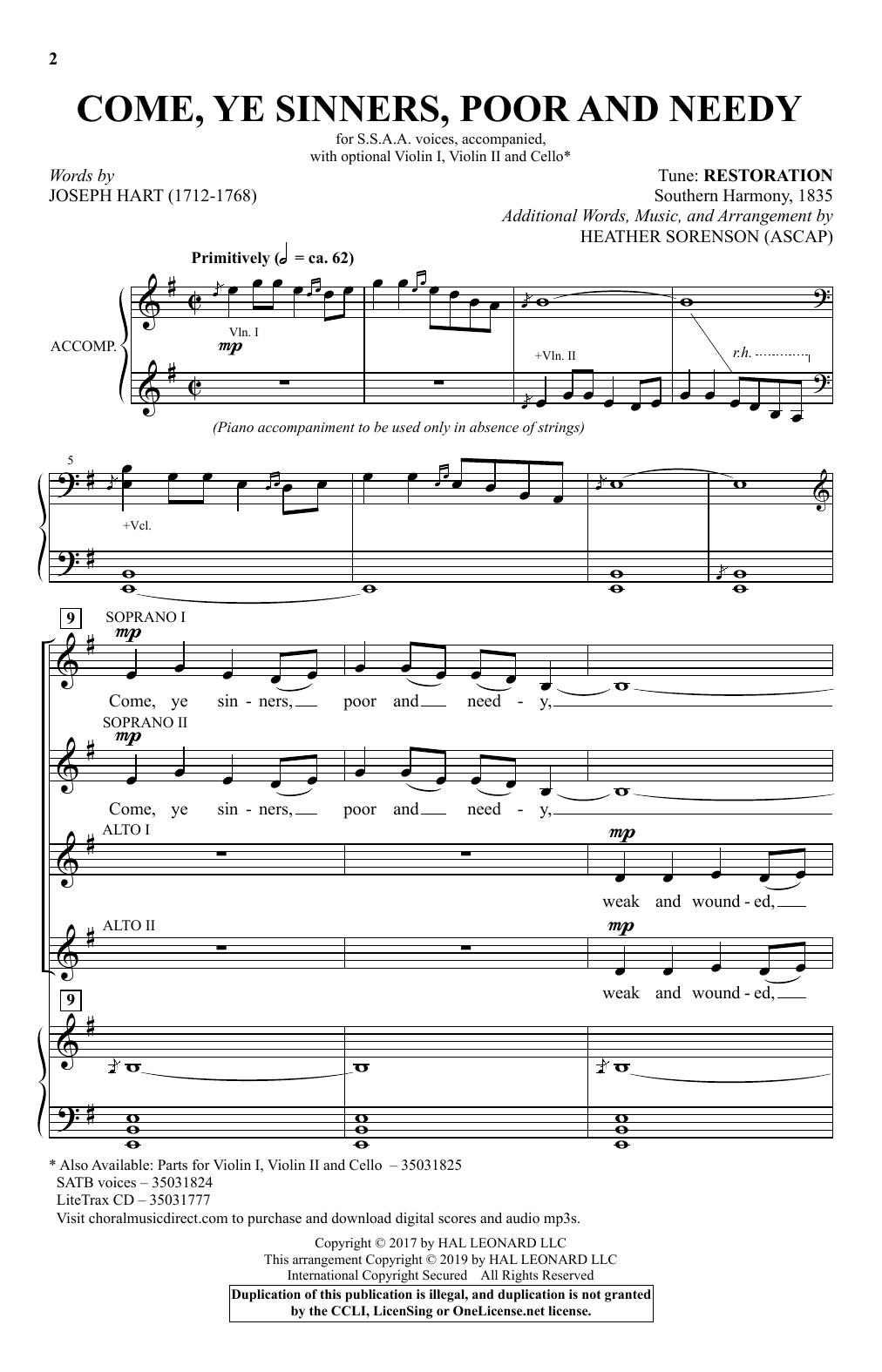 Joseph Hart and Heather Sorenson Come, Ye Sinners, Poor And Needy (arr. Heather Sorenson) Sheet Music Notes & Chords for SSA Choir - Download or Print PDF