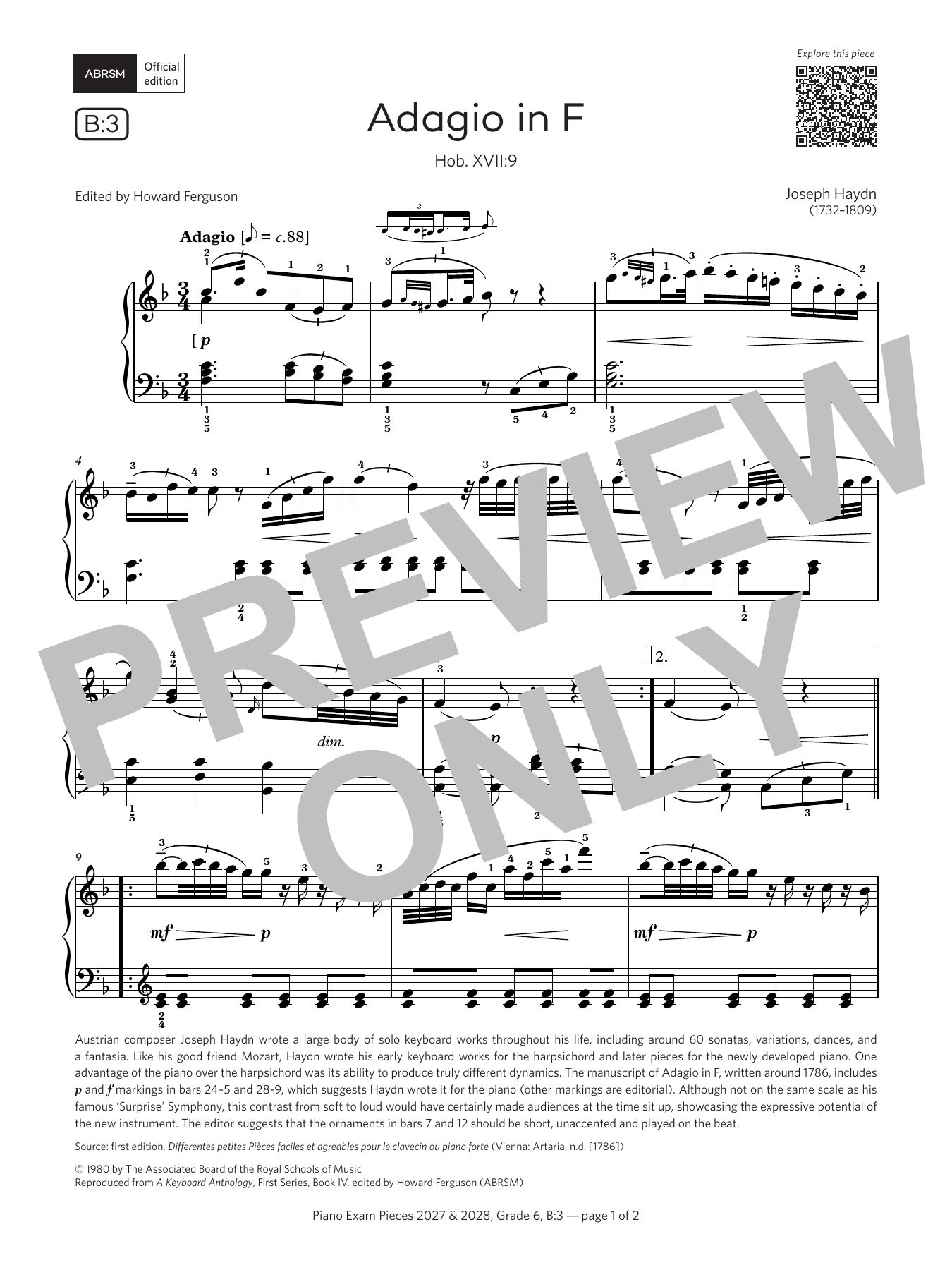 Joseph Haydn Adagio in F (Grade 6, list B3, from the ABRSM Piano Syllabus 2027 & 2028) Sheet Music Notes & Chords for Piano Solo - Download or Print PDF