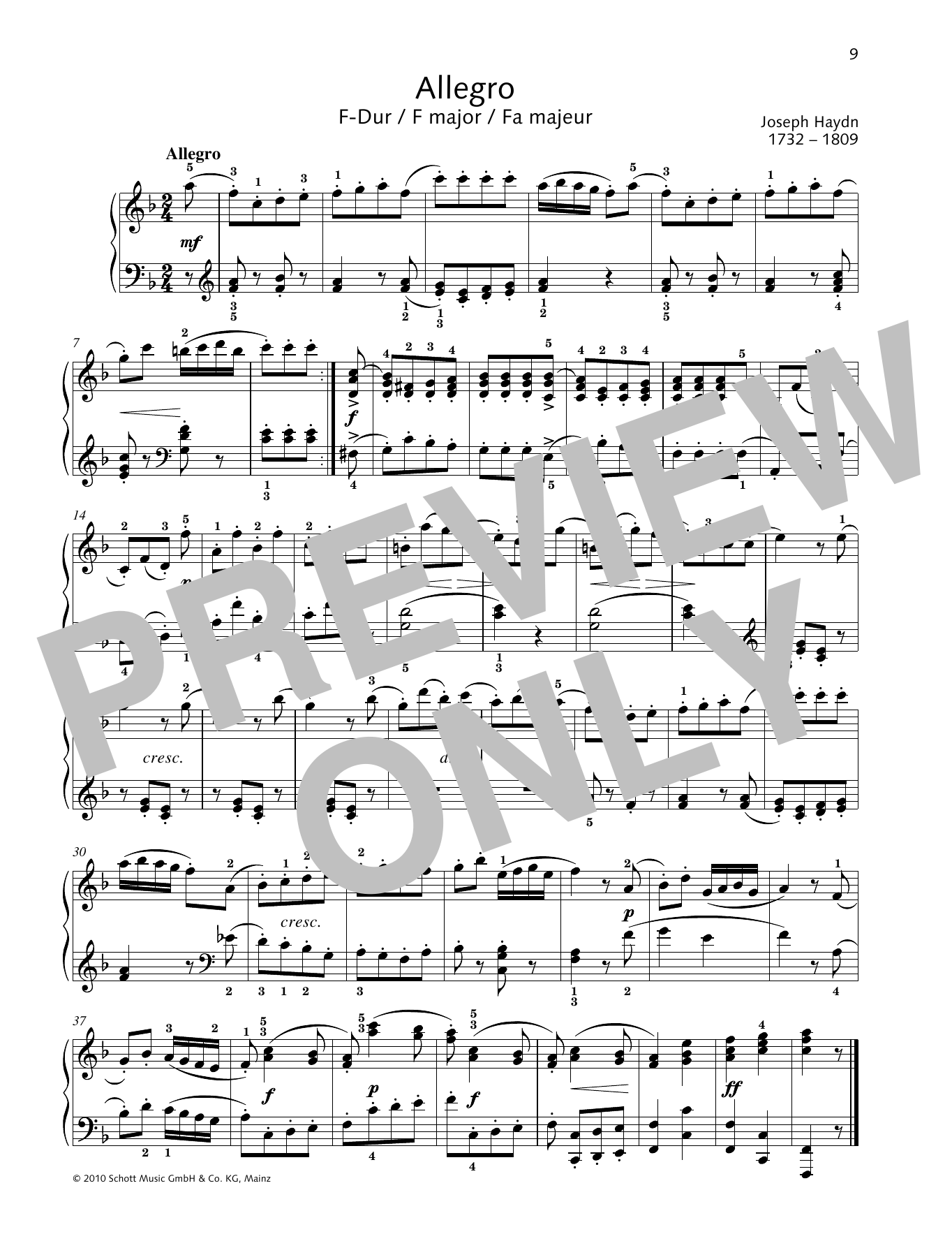 Joseph Haydn Allegro F major Sheet Music Notes & Chords for Piano Solo - Download or Print PDF