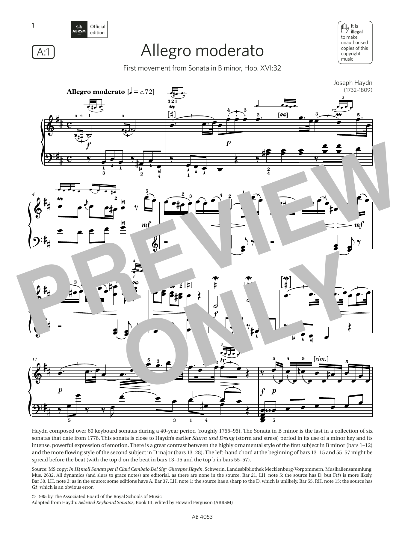 Joseph Haydn Allegro moderato (Grade 7, list A1, from the ABRSM Piano Syllabus 2023 & 2024) Sheet Music Notes & Chords for Piano Solo - Download or Print PDF