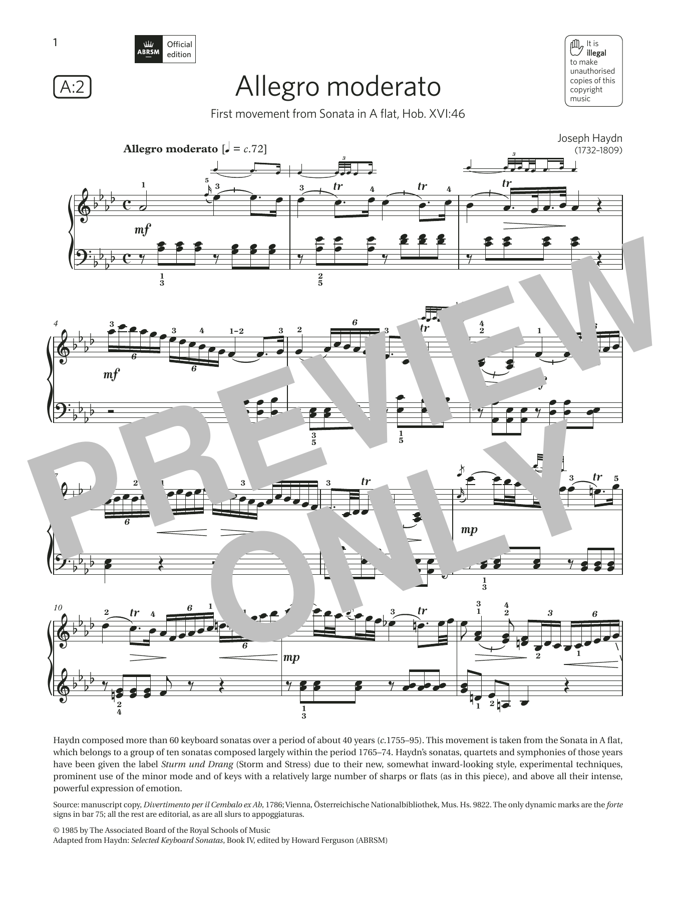 Joseph Haydn Allegro moderato (Grade 8, list A2, from the ABRSM Piano Syllabus 2021 & 2022) Sheet Music Notes & Chords for Piano Solo - Download or Print PDF