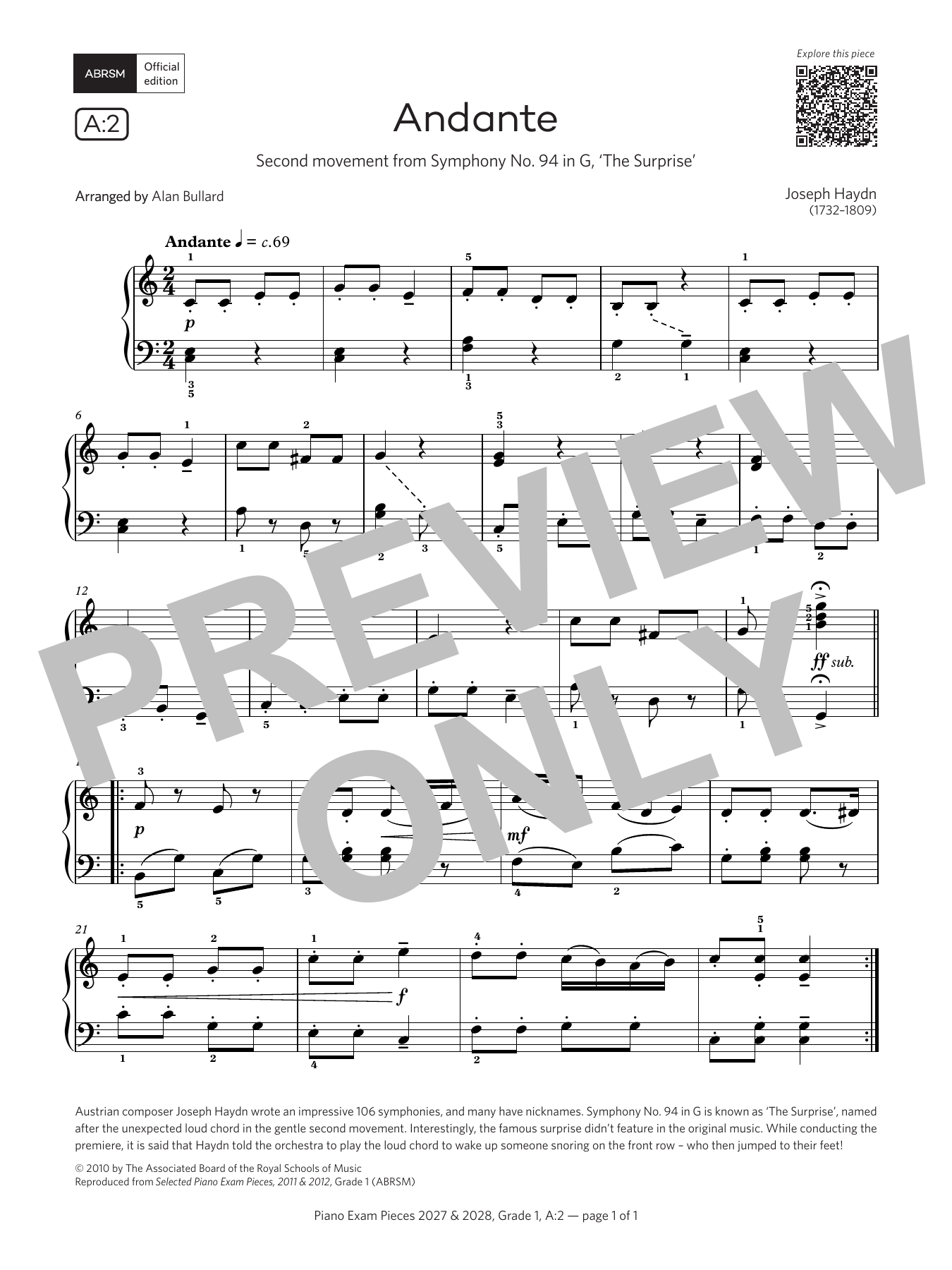 Joseph Haydn Andante (Grade 1, list A2, from the ABRSM Piano Syllabus 2027 & 2028) Sheet Music Notes & Chords for Piano Solo - Download or Print PDF