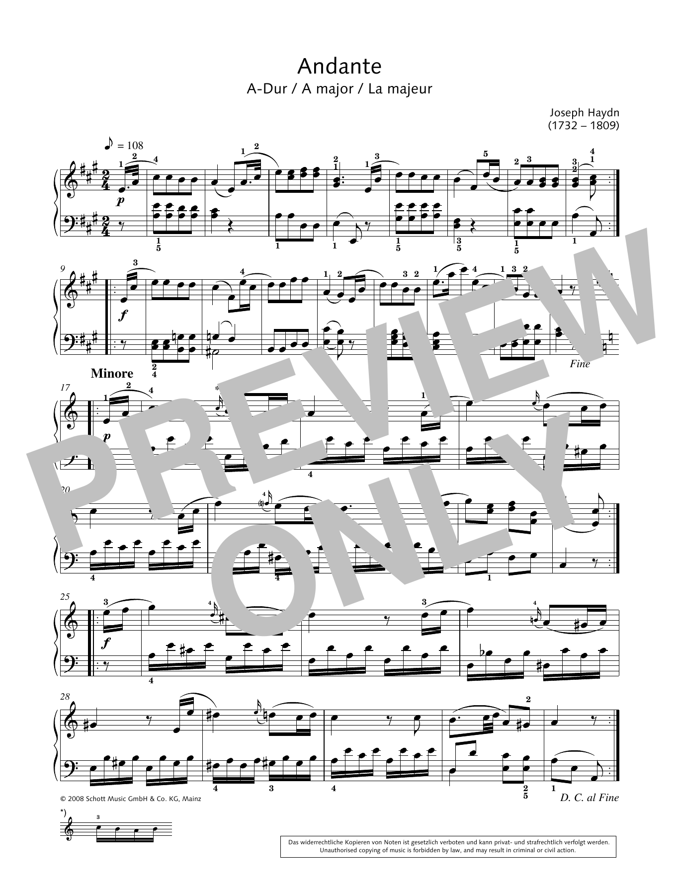 Joseph Haydn Andante in A major Sheet Music Notes & Chords for Piano Solo - Download or Print PDF