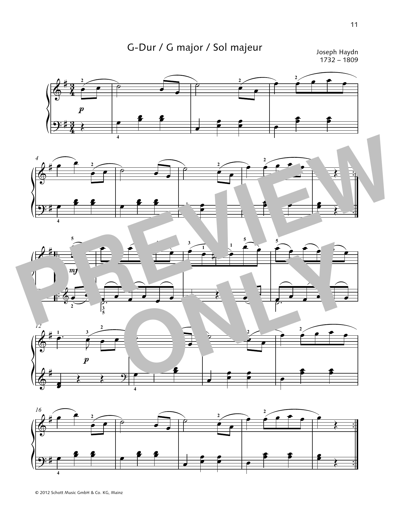 Joseph Haydn German Dance G major Sheet Music Notes & Chords for Piano Solo - Download or Print PDF