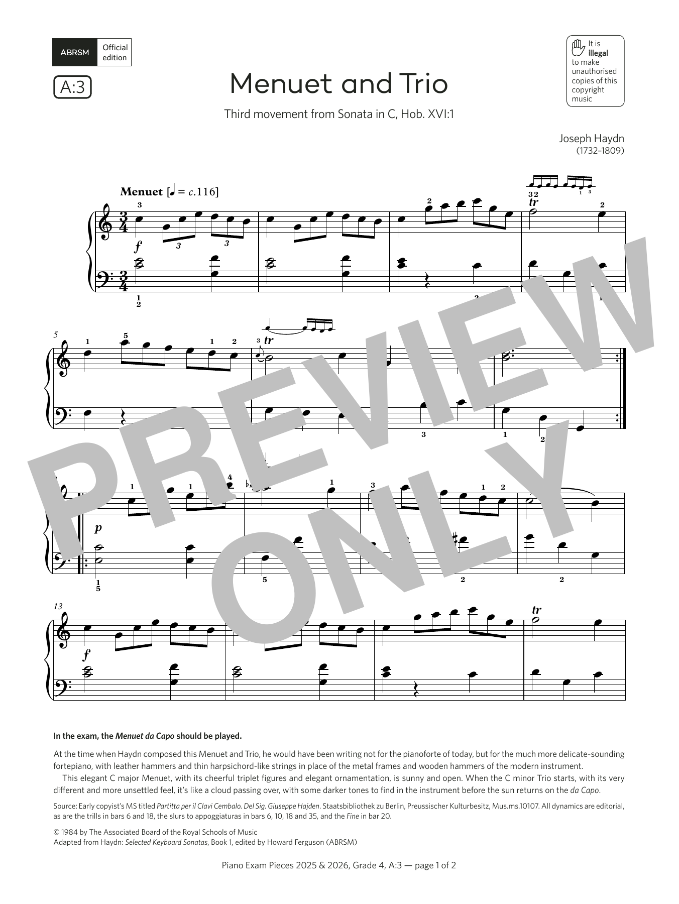 Joseph Haydn Menuet and Trio (Grade 4, list A3, from the ABRSM Piano Syllabus 2025 & 2026) Sheet Music Notes & Chords for Piano Solo - Download or Print PDF