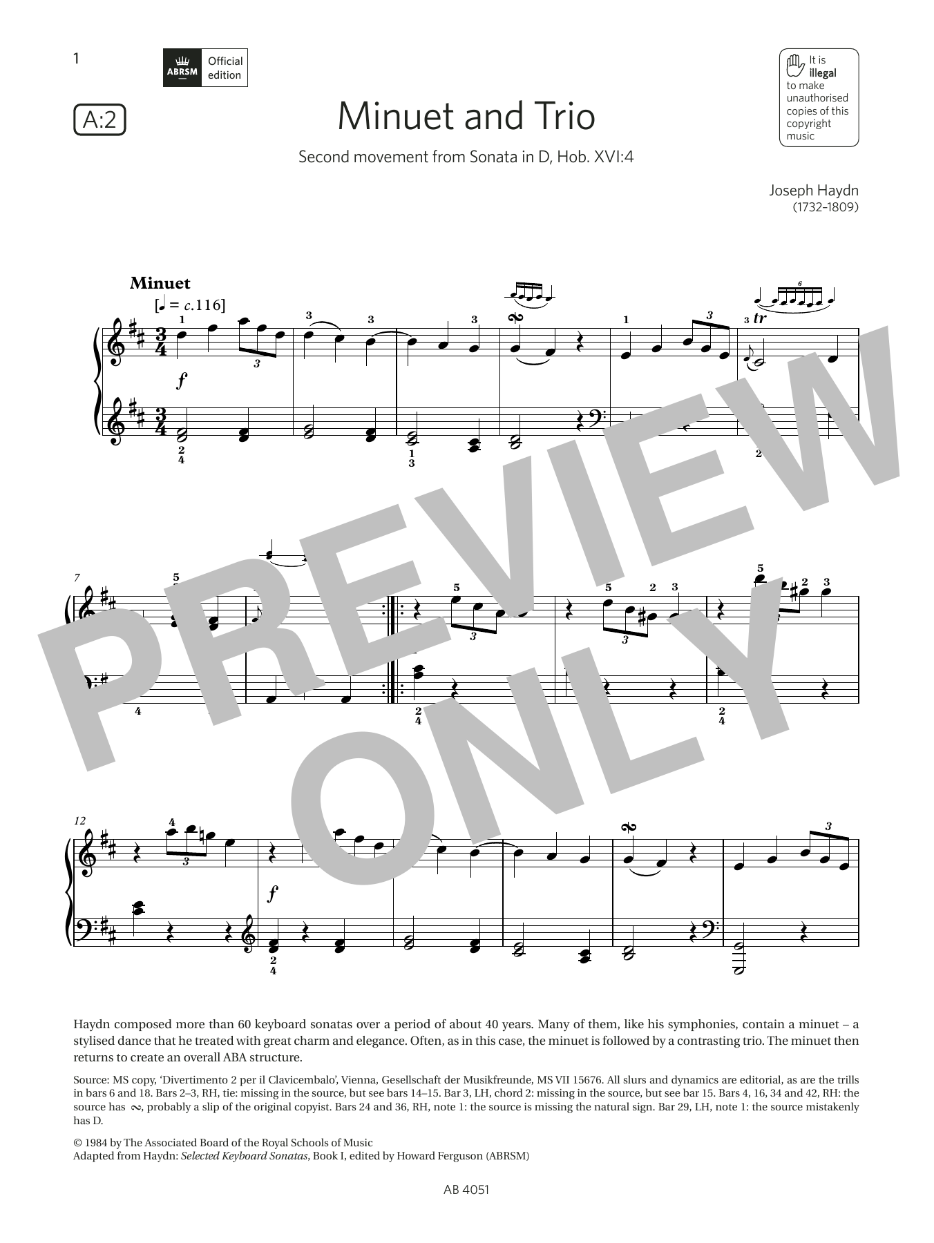 Joseph Haydn Minuet and Trio (Grade 5, list A2, from the ABRSM Piano Syllabus 2023 & 2024) Sheet Music Notes & Chords for Piano Solo - Download or Print PDF