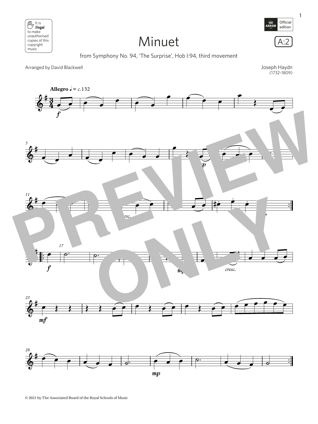 Joseph Haydn Minuet (from Symphony No. 94) (Grade 1 List A2 from the ABRSM Flute syllabus from 2022) Sheet Music Notes & Chords for Flute Solo - Download or Print PDF