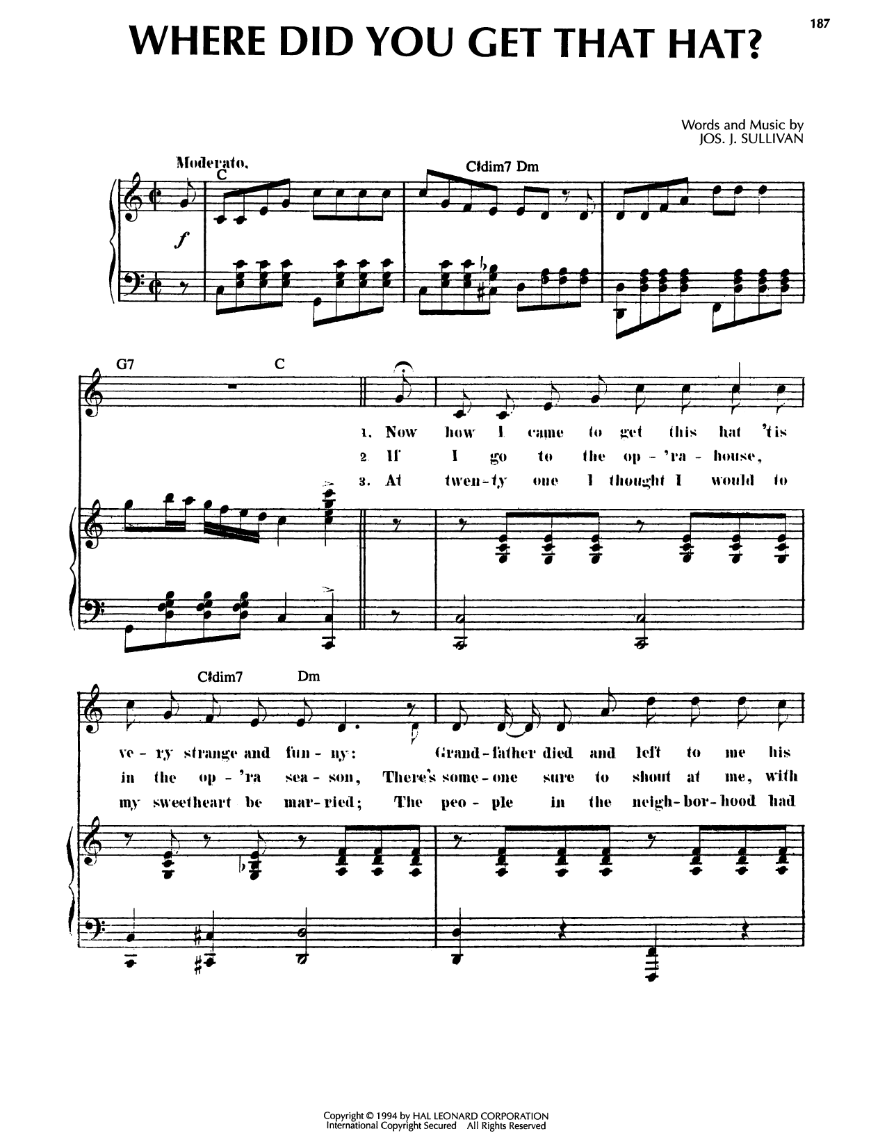 Joseph J. Sullivan Where Did You Get That Hat? Sheet Music Notes & Chords for Piano, Vocal & Guitar Chords (Right-Hand Melody) - Download or Print PDF