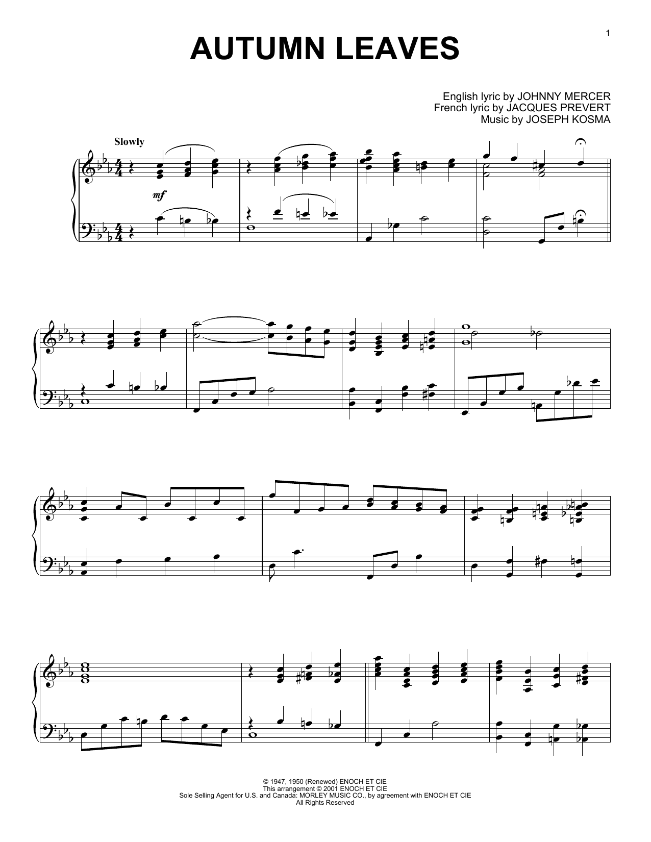 Joseph Kosma Autumn Leaves (arr. Al Lerner) Sheet Music Notes & Chords for Piano Solo - Download or Print PDF