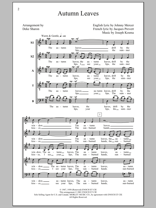 Joseph Kosma Autumn Leaves (arr. Deke Sharon) Sheet Music Notes & Chords for SATB - Download or Print PDF