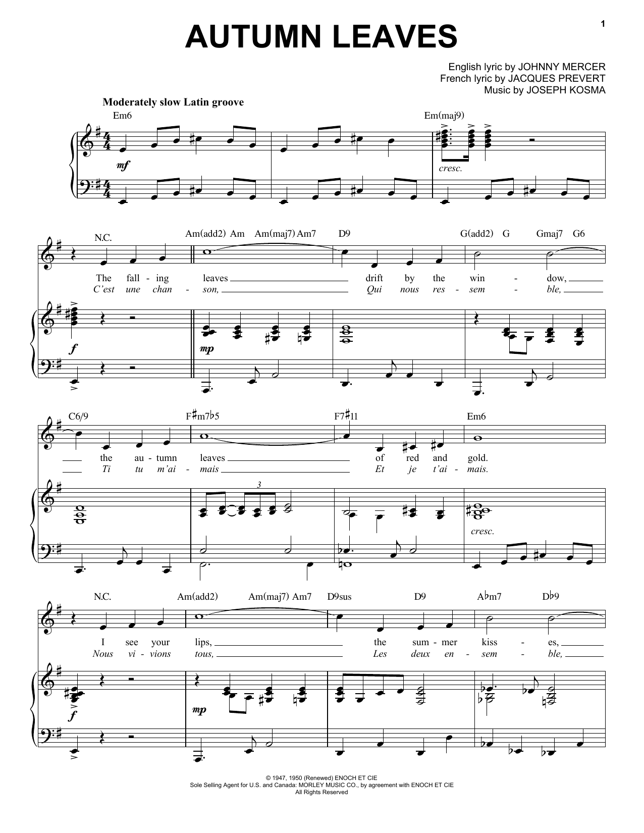 Joseph Kosma Autumn Leaves [Jazz version] (arr. Brent Edstrom) Sheet Music Notes & Chords for Piano & Vocal - Download or Print PDF