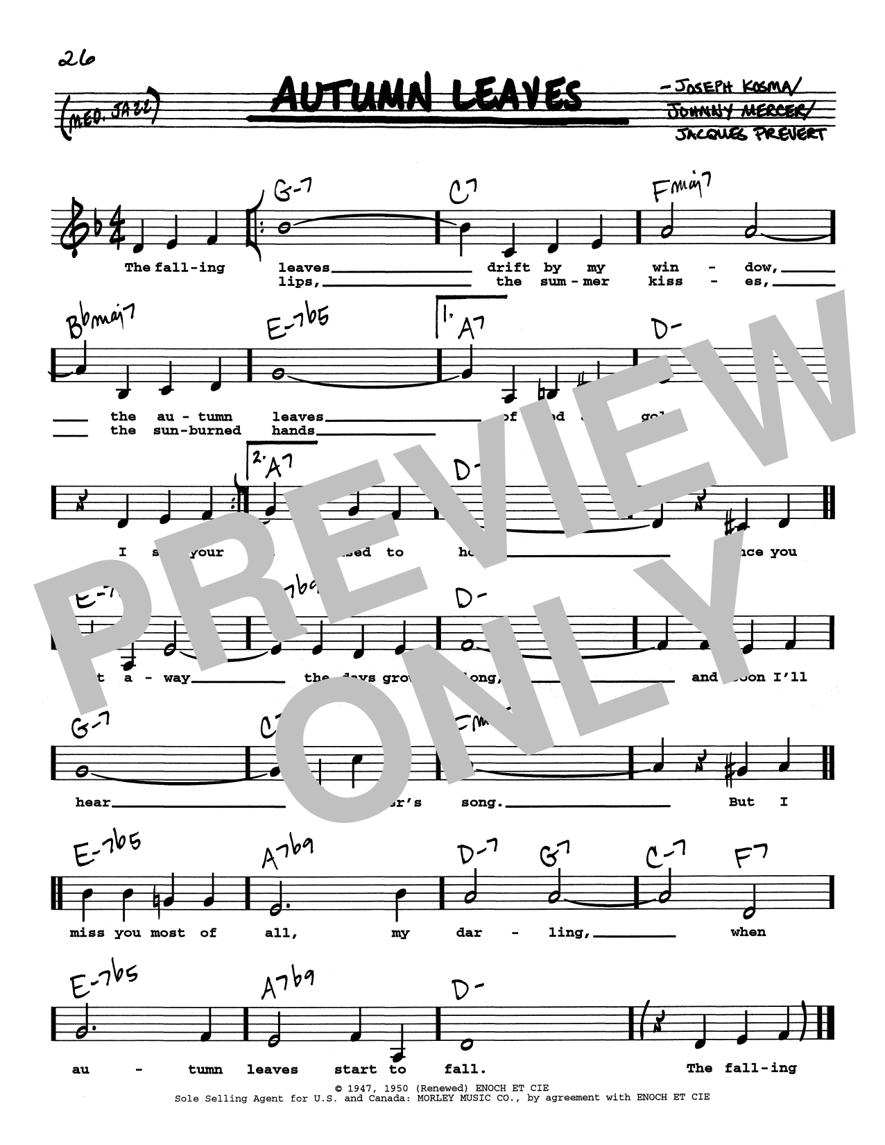 Joseph Kosma Autumn Leaves (Low Voice) Sheet Music Notes & Chords for Real Book – Melody, Lyrics & Chords - Download or Print PDF