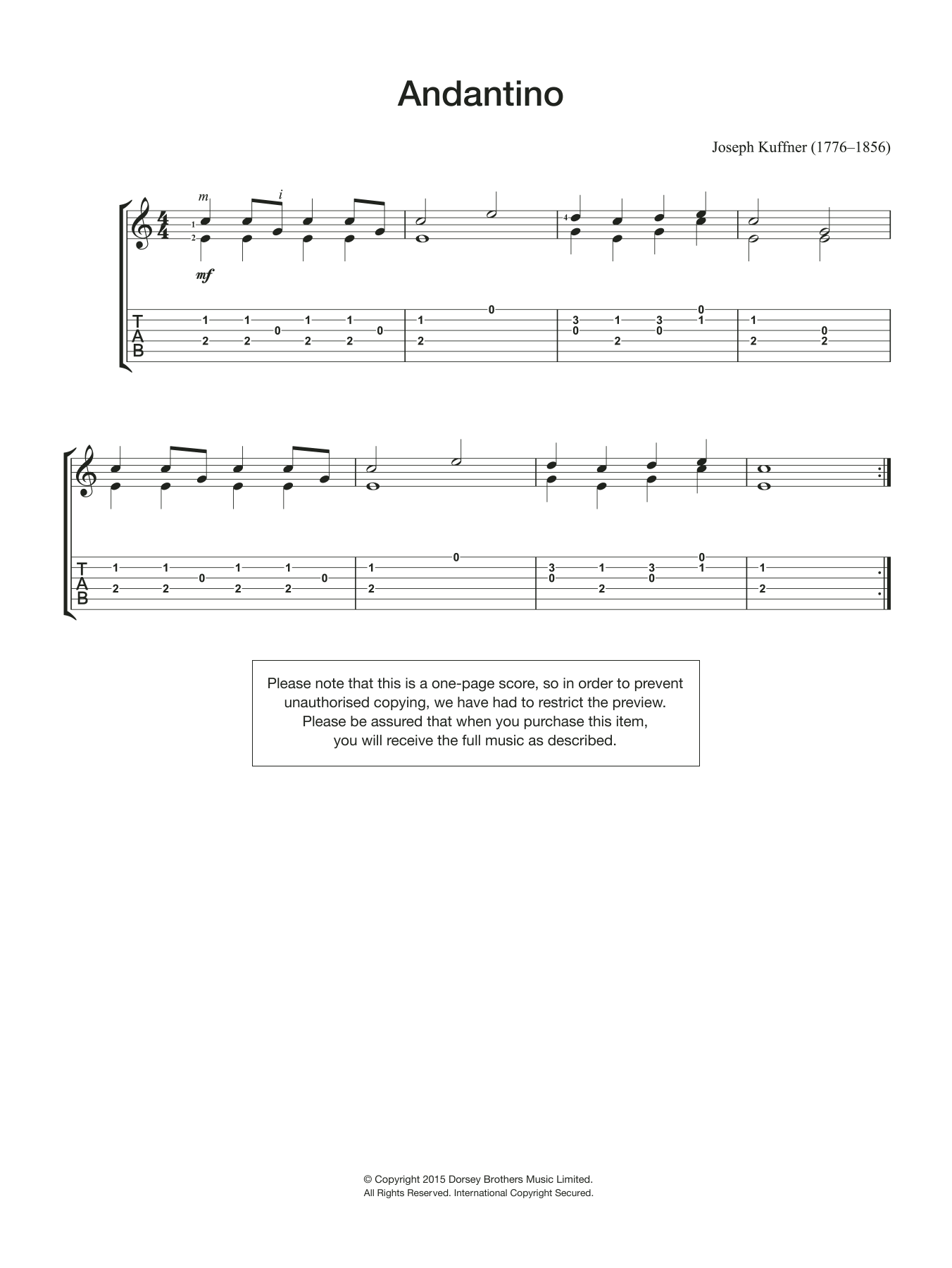 Joseph Kuffner Andantino Sheet Music Notes & Chords for Guitar - Download or Print PDF