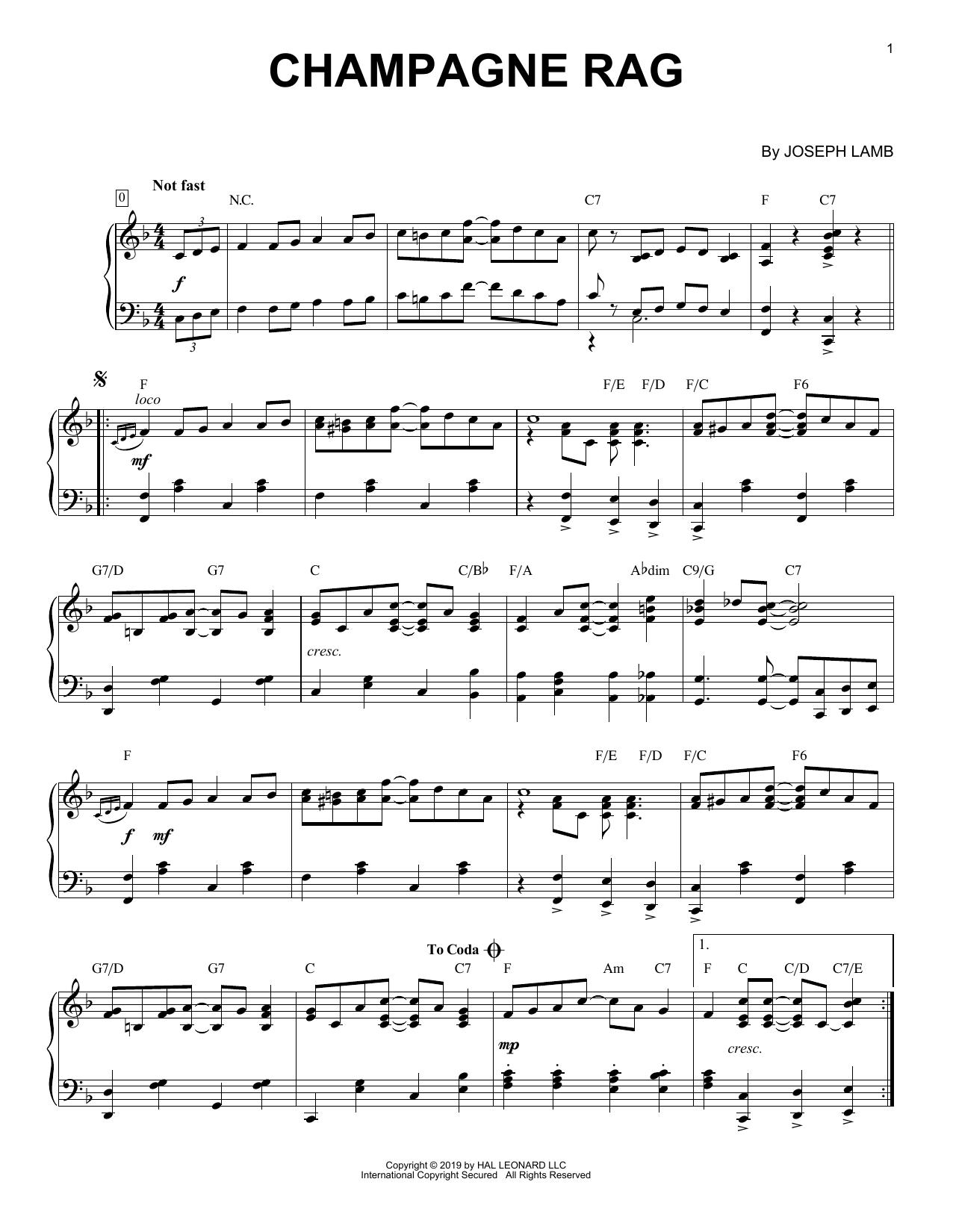 Joseph Lamb Champagne Rag [Jazz version] Sheet Music Notes & Chords for Piano Solo - Download or Print PDF