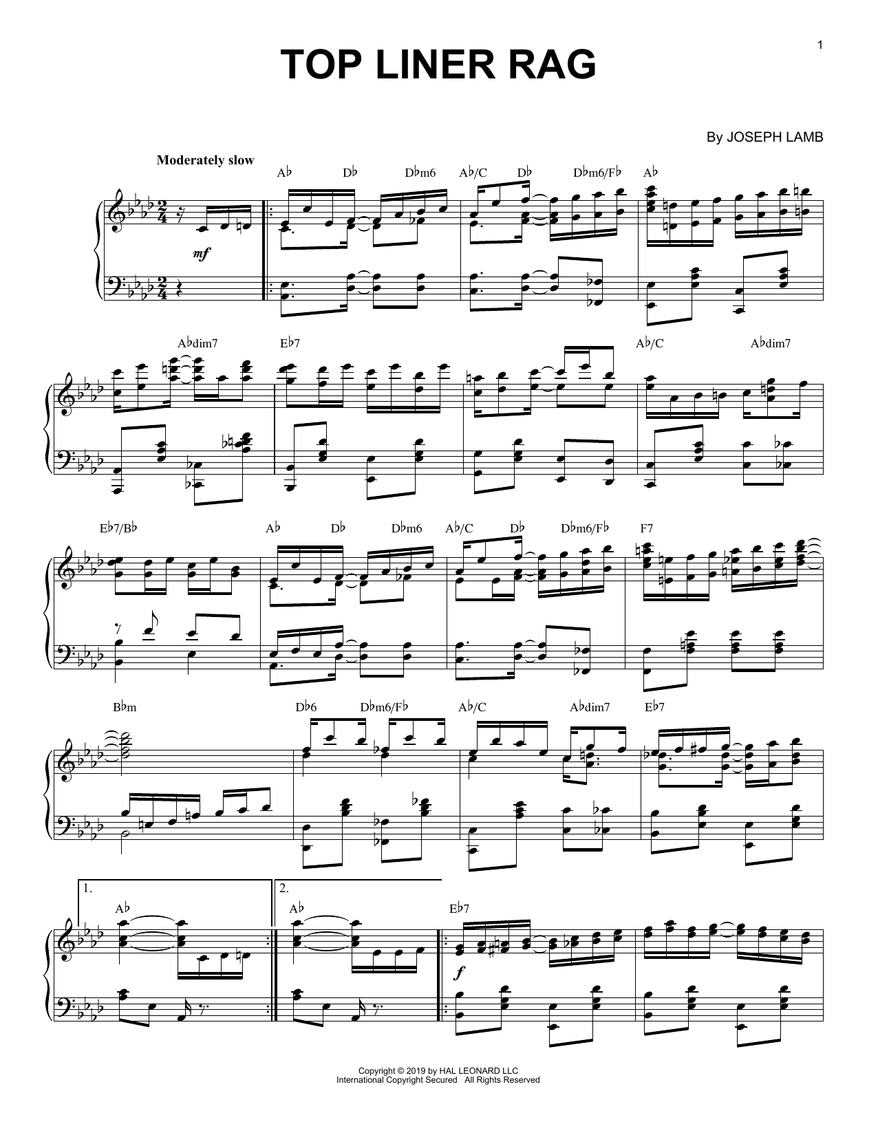 Joseph Lamb Top Liner Rag [Jazz version] Sheet Music Notes & Chords for Piano Solo - Download or Print PDF