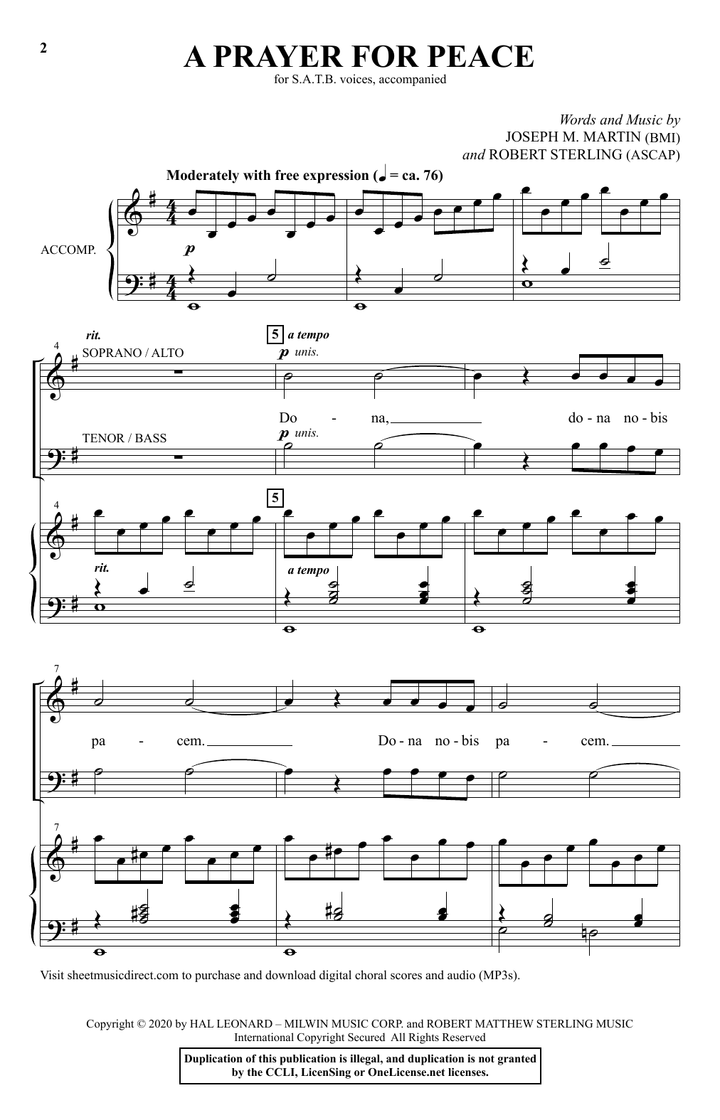 Joseph M. Martin & Robert Sterling A Prayer For Peace Sheet Music Notes & Chords for SATB Choir - Download or Print PDF