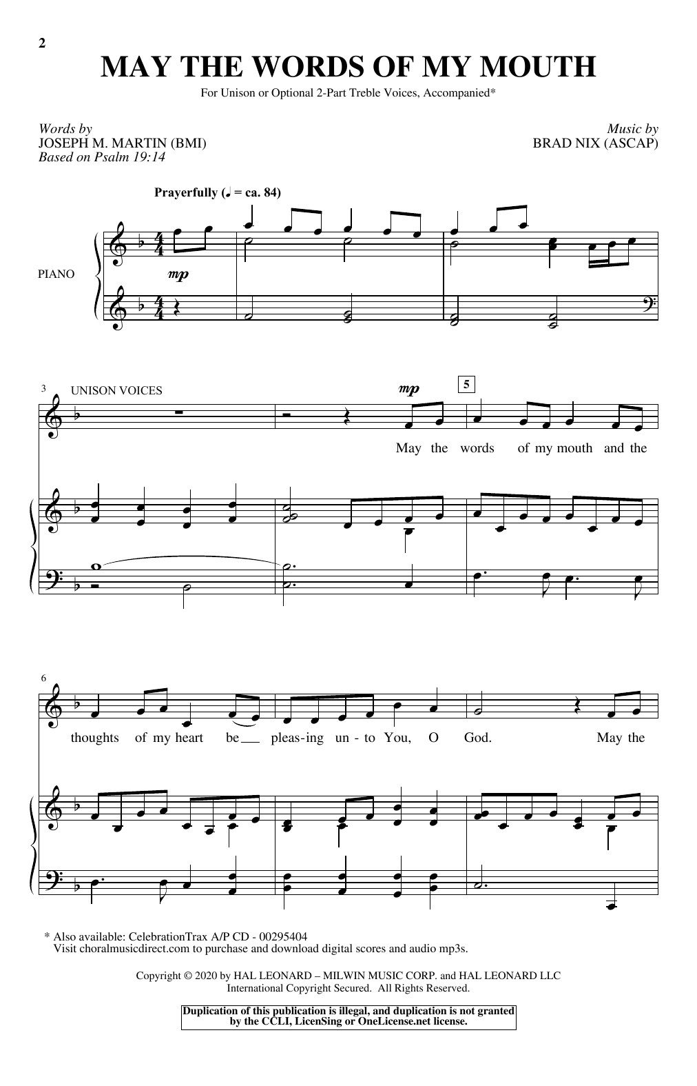 Joseph M. Martin and Brad Nix May The Words Of My Mouth Sheet Music Notes & Chords for Unison Choir - Download or Print PDF
