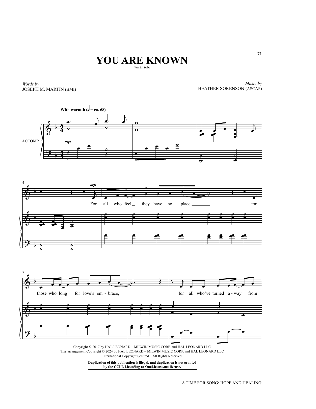 Joseph M. Martin and Heather Sorenson You Are Known Sheet Music Notes & Chords for Piano & Vocal - Download or Print PDF